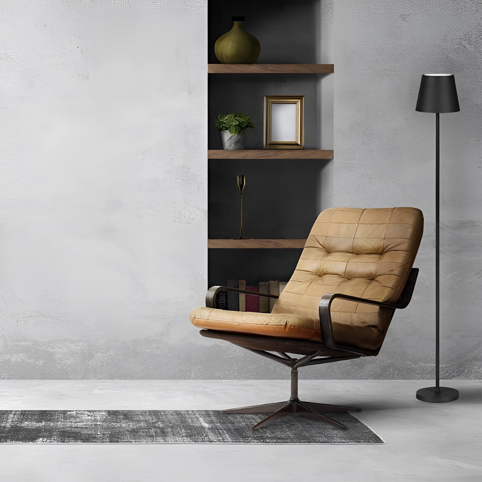 Sleek adjustable LED floor lamp with a modern design, positioned next to a comfortable grey chair with armrests, wooden flooring, and a green potted plant, enhancing an urban home decor.