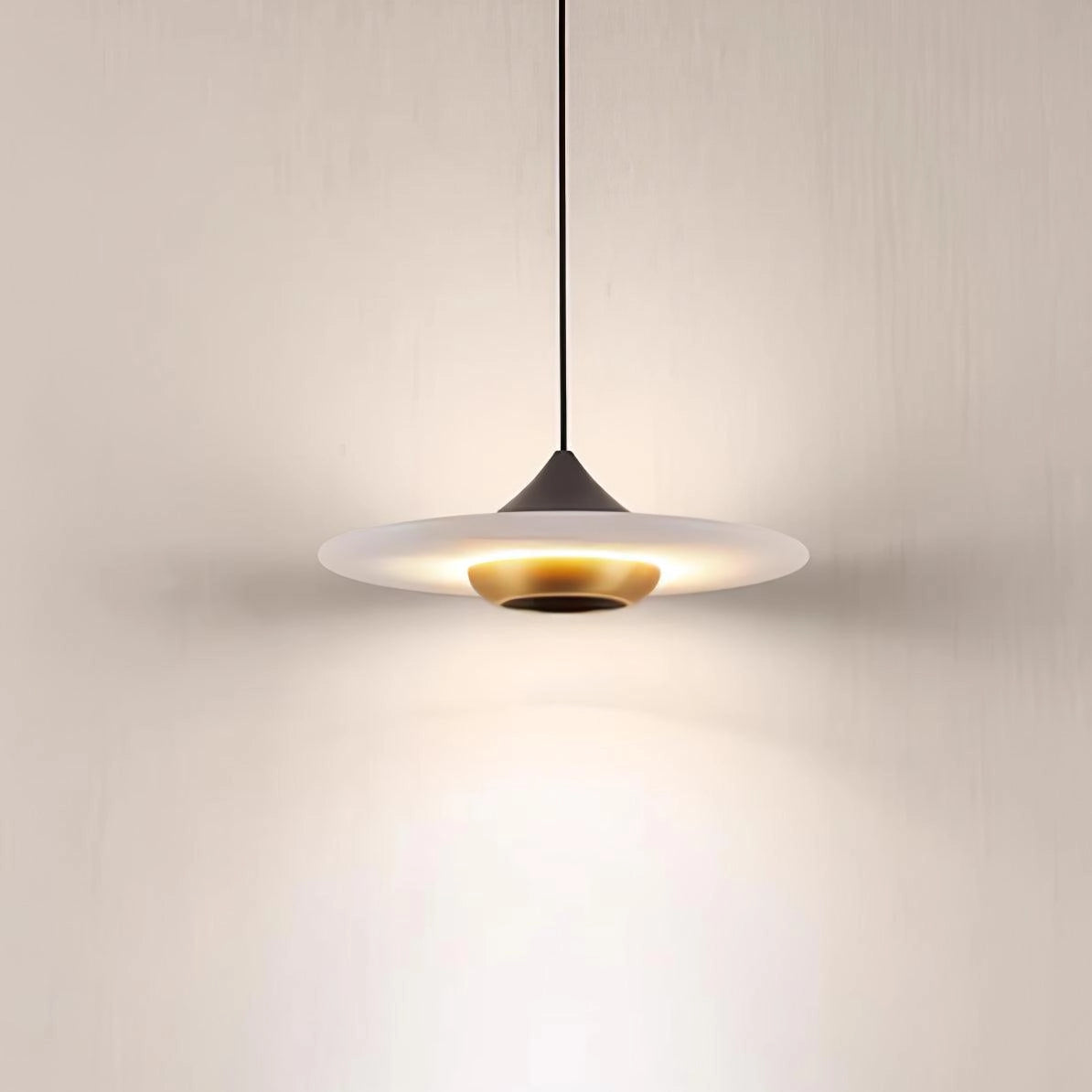 Sleek black LED pendant light with a modern minimalist design featuring a circular metal framework, amber-tinted lampshade, and wooden accents, hanging from the ceiling as an elegant interior décor piece.