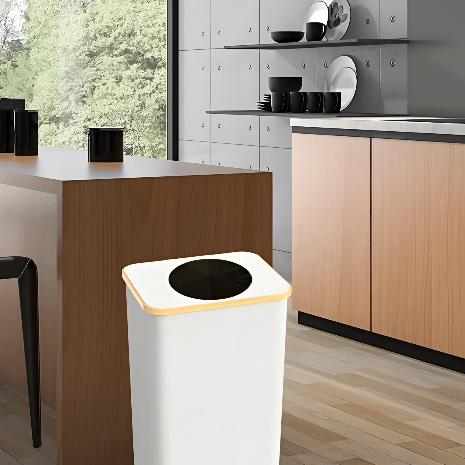 Slim Rectangular Bamboo Lid Kitchen Trash Can - Eco-Friendly, Space-Saving