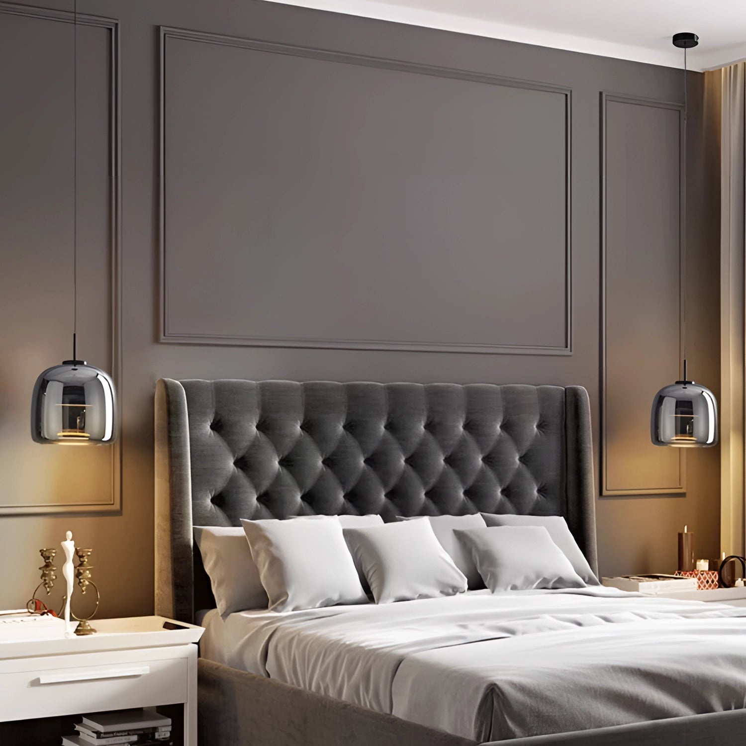 Smoked Glass Pendant Light with a modern minimalist design, featuring a sleek grey shade, hanging in a stylishly furnished interior setting.