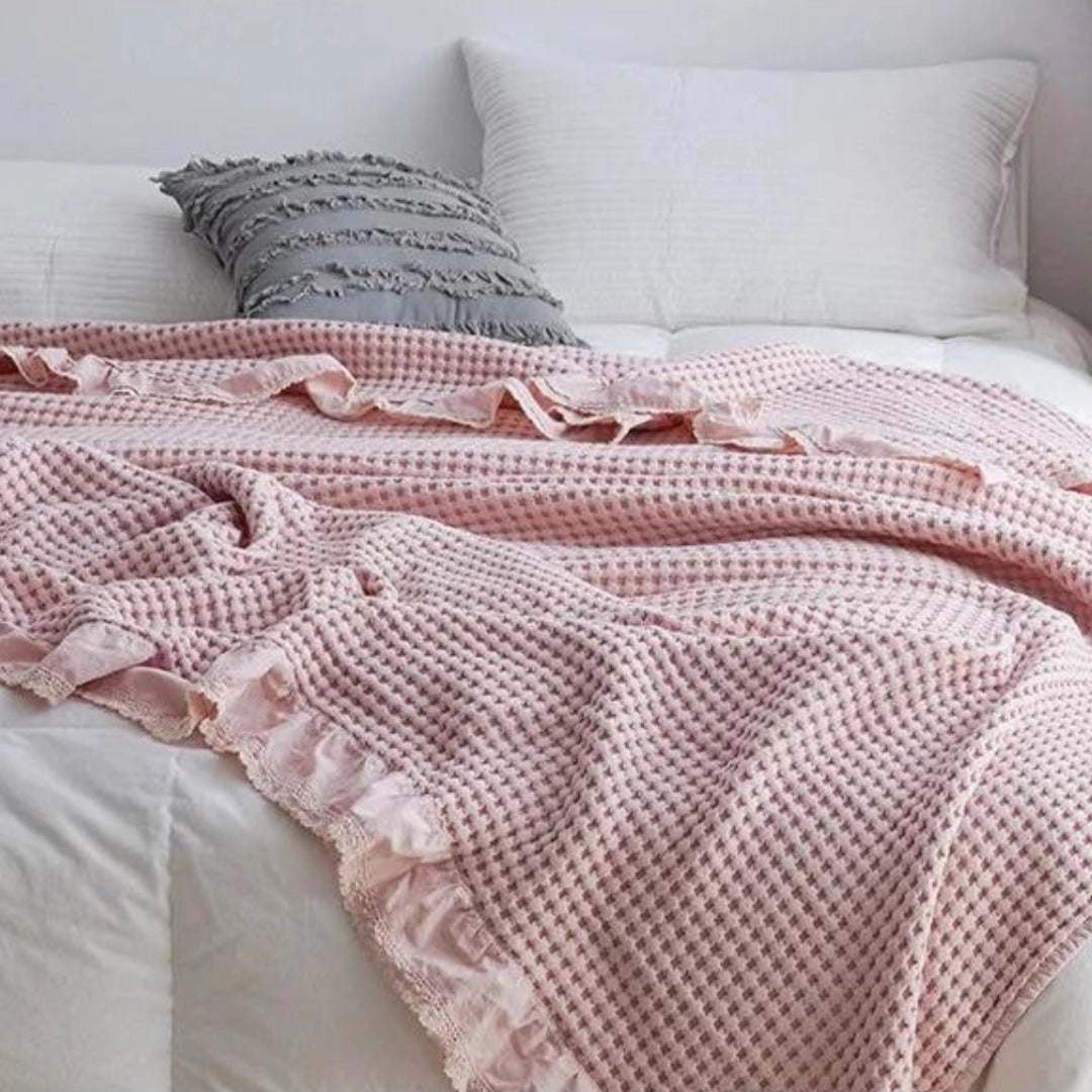 Soft Pink Waffle Knit Throw Blanket - Cozy Decorative Bedspread