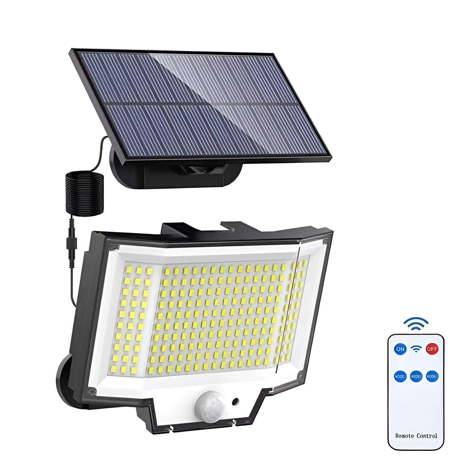 Solar LED motion-sensor security floodlight featuring a rectangular design with a solar panel for harnessing solar energy, equipped with remote control for easy operation.