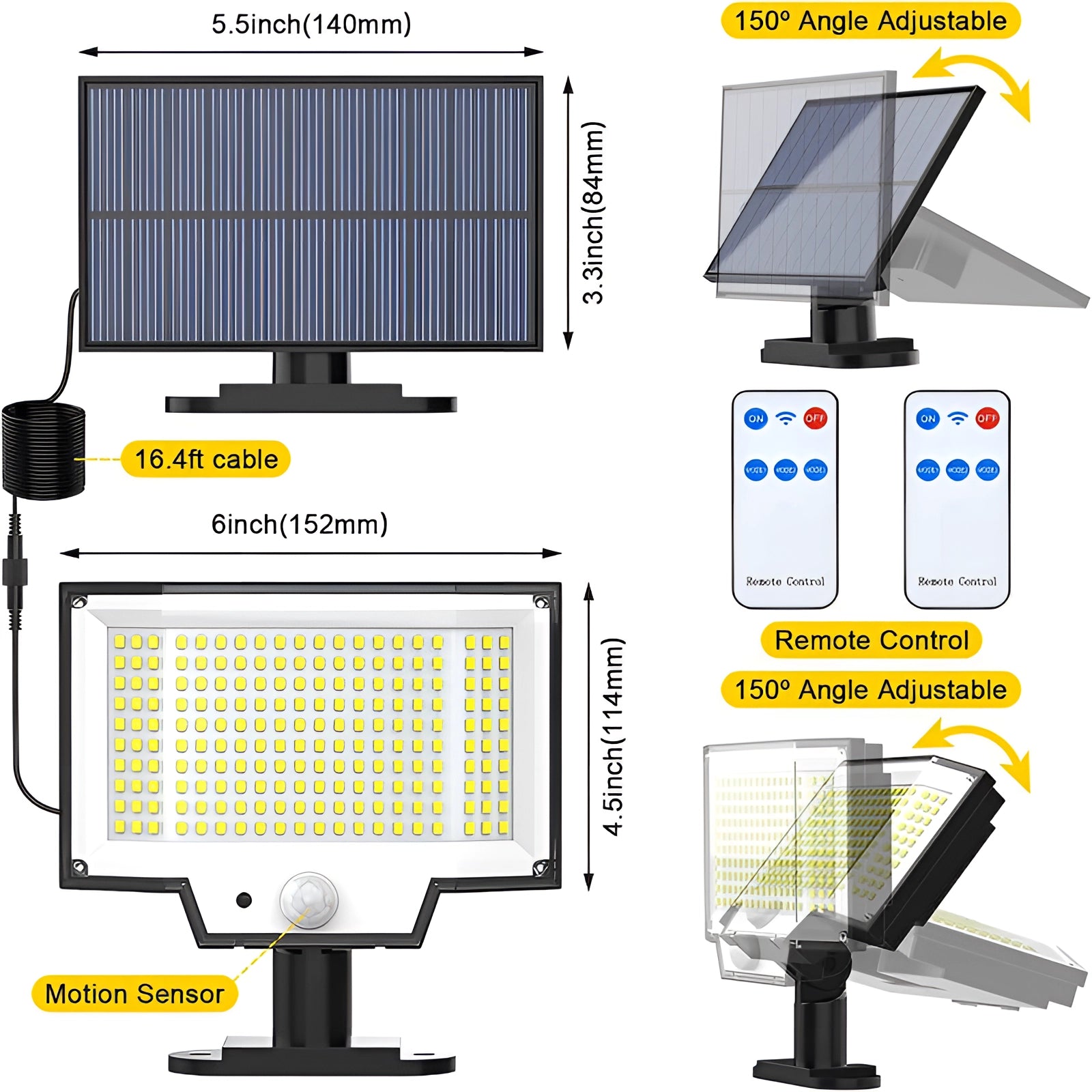 Solar LED motion-sensor security floodlight with a remote control, designed for outdoor use, featuring a sleek, modern design with a durable casing and adjustable solar panels.