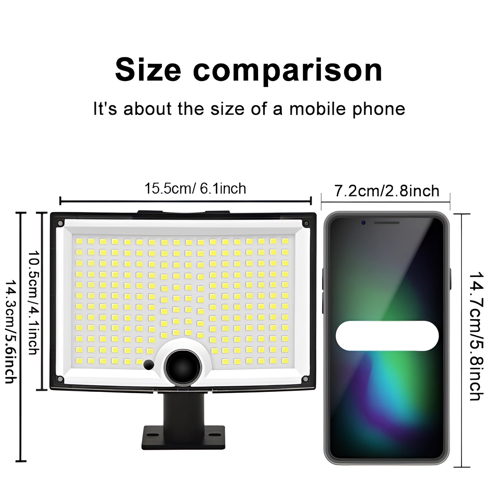 Solar LED motion-sensor security floodlight with remote control, featuring a rectangular panel and circular sensor, showcasing advanced electronic technology.