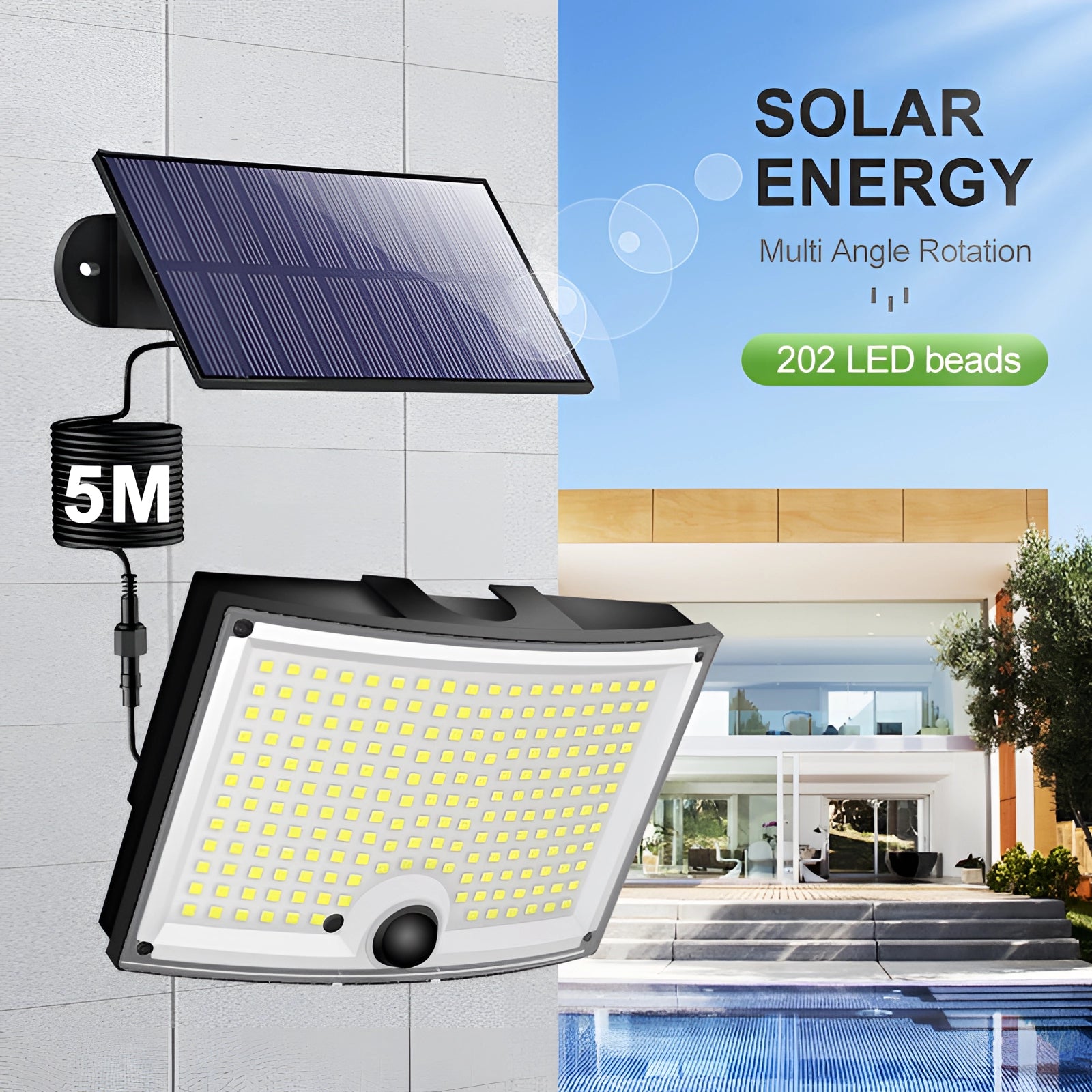 Solar LED motion-sensor security floodlight with remote control mounted on an outdoor property wall, showcasing solar energy technology and engineering design.