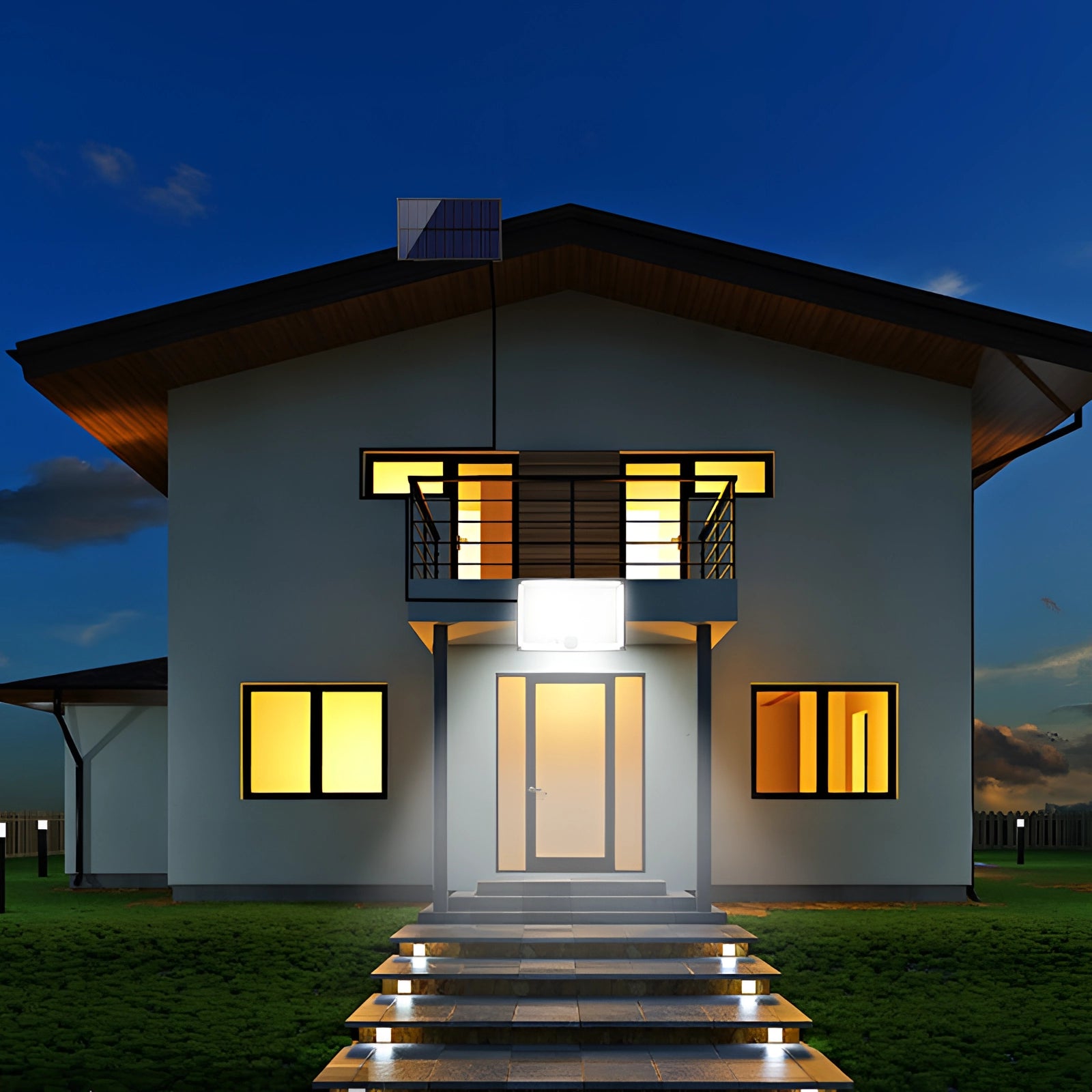 Solar LED motion-sensor security floodlight mounted on the exterior of a house with a remote control, illuminating the property and surrounding landscape against a clear sky backdrop.