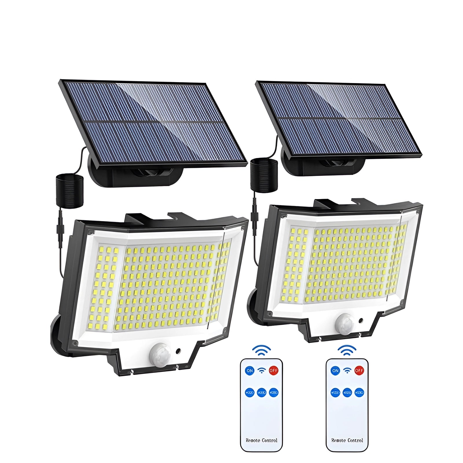 Solar LED motion-sensor security floodlight with remote control, featuring two separate units with rectangular design.
