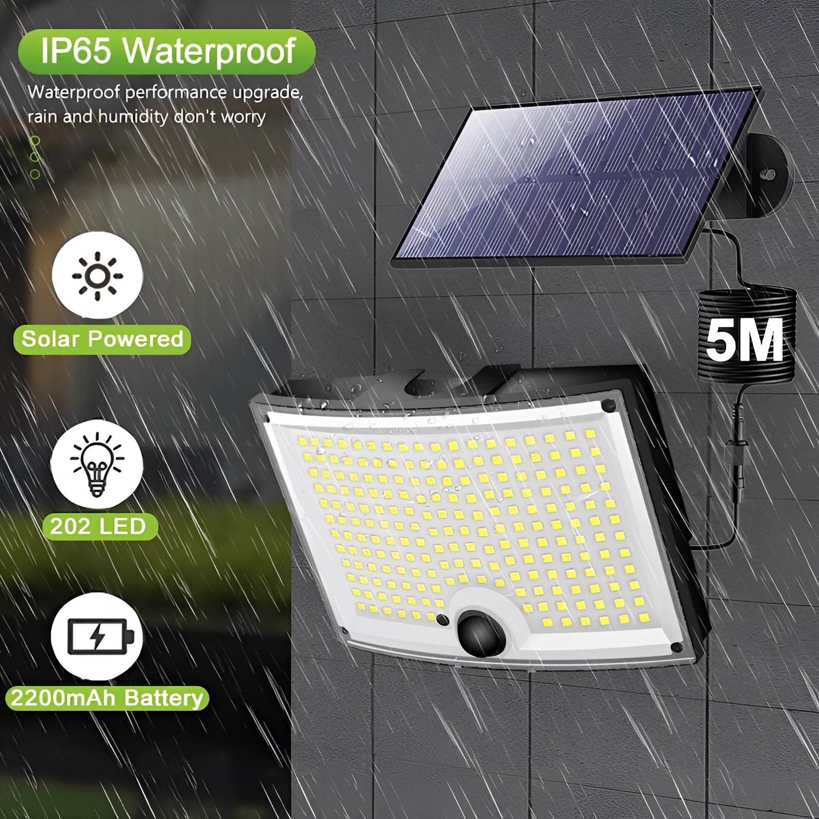 Solar LED motion-sensor security floodlight with remote control featuring a sleek design, showcasing a rectangular shape with electric blue accents, emphasizing its solar energy technology capabilities.