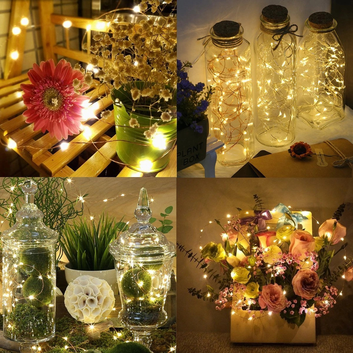 Solar powered outdoor LED fairy lights illuminating a garden setting, with decorative elements such as flowers and plants in the background, creating a festive and eco-friendly atmosphere.