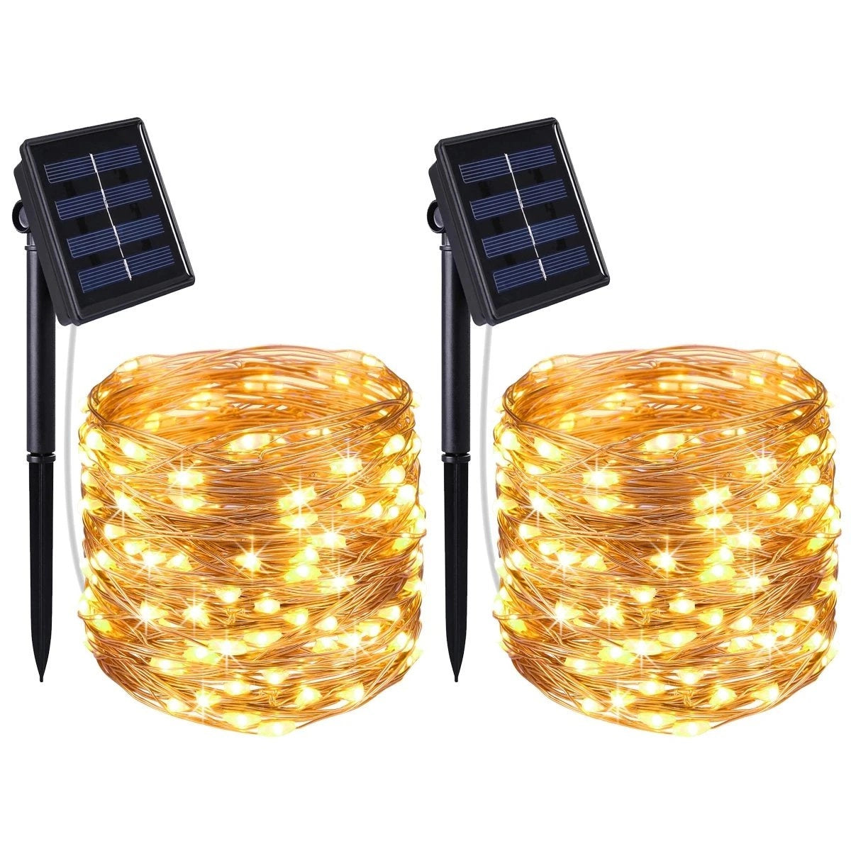 Solar powered outdoor LED fairy lights hanging in a garden, emitting a warm amber glow, designed for waterproof and eco-friendly use.