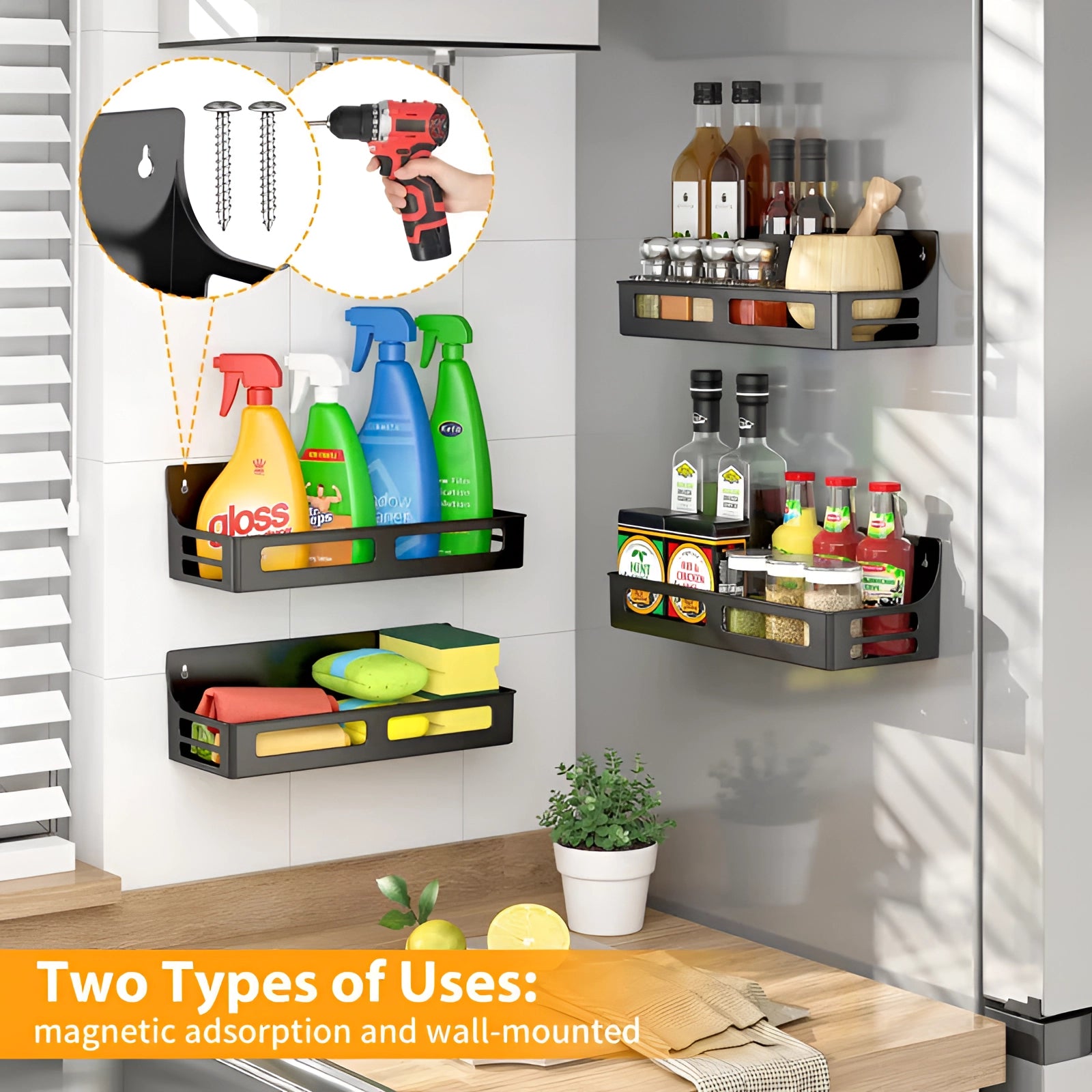Space-Saving Microwave Rack – Stylish Metal Kitchen Organizer with Hooks