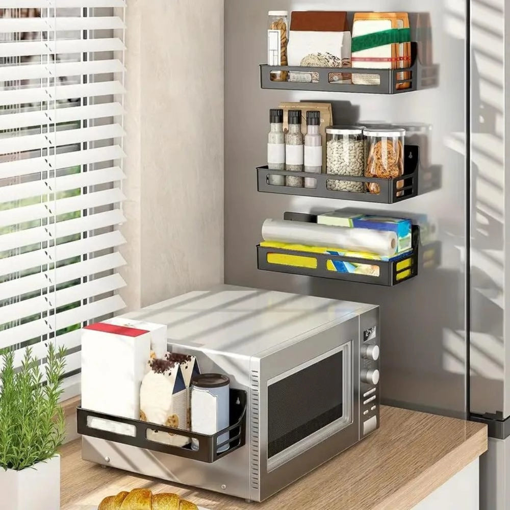 Space-Saving Microwave Rack – Stylish Metal Kitchen Organizer with Hooks