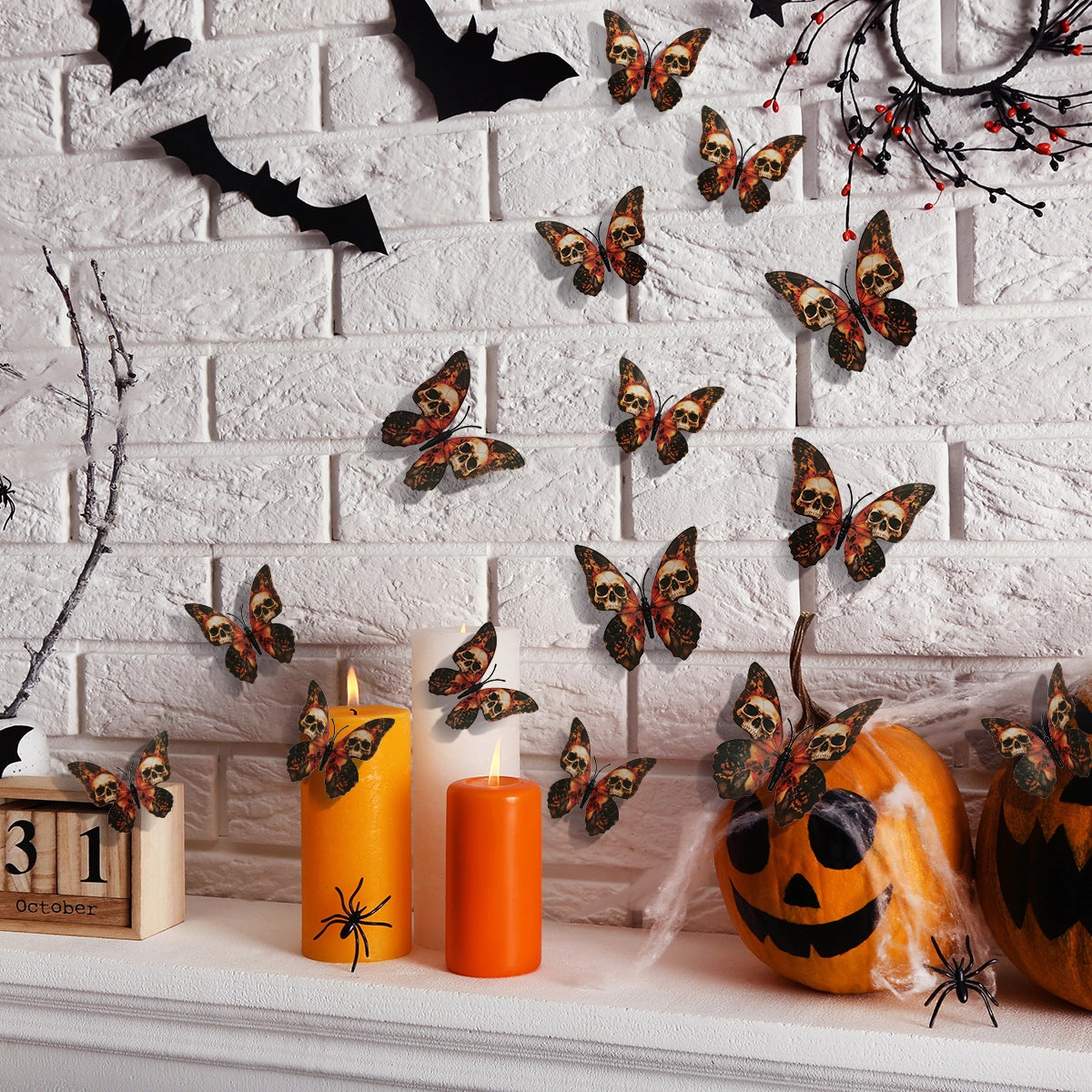 3D wall stickers featuring an intricate design of a brown and orange butterfly paired with a spooky skull motif, ideal for unique Halloween decor. The butterfly displays vibrant amber tones, embodying a pollinator's elegance against a haunting backdrop.