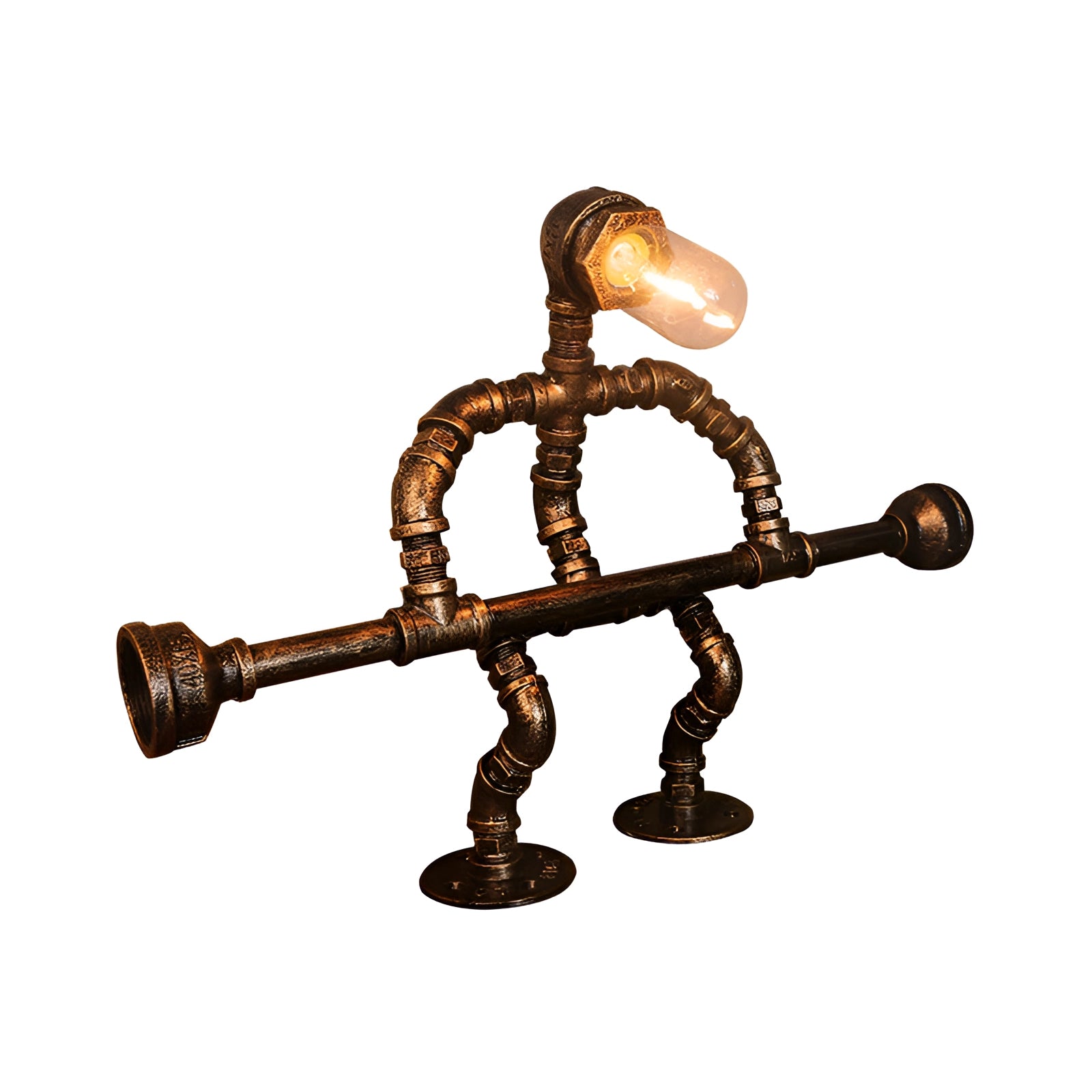 Steampunk Industrial Pipe Table Lamp with a vintage gear design, featuring metal pipes and a circular gear element, styled as an artistic and decorative piece.