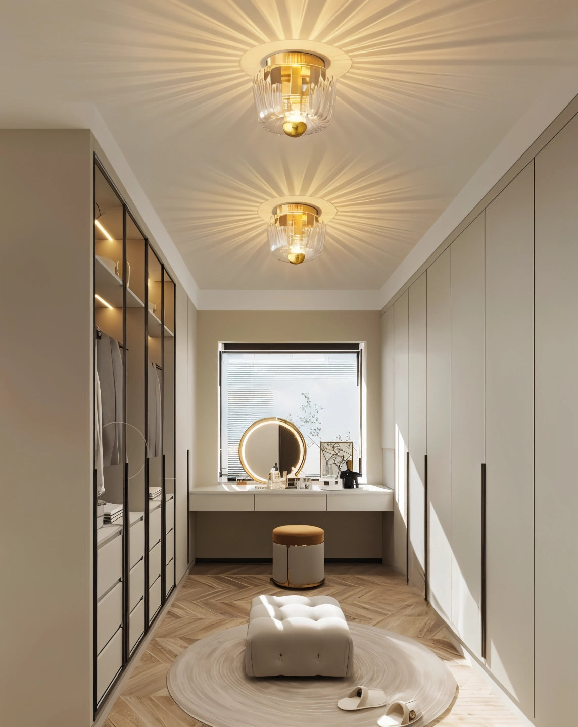 Modern gold radial pattern ceiling light fixture in a room with wood flooring, enhancing the interior design and comfort with its sunburst design.