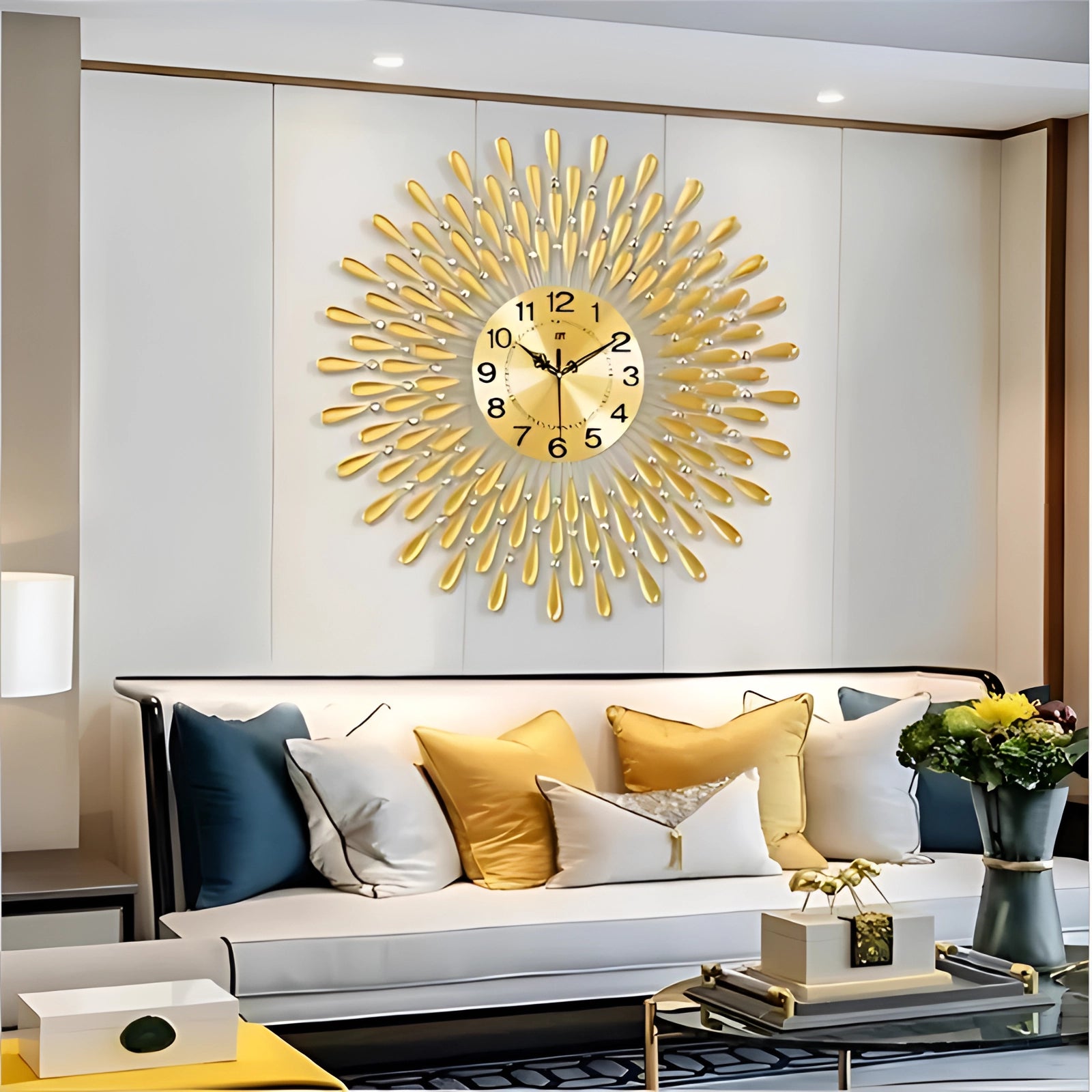 Oversized decorative wall clock with a modern sunburst design in gold, mounted on a wall above a comfortable couch with wooden and textile elements, surrounded by framed pictures and plants.
