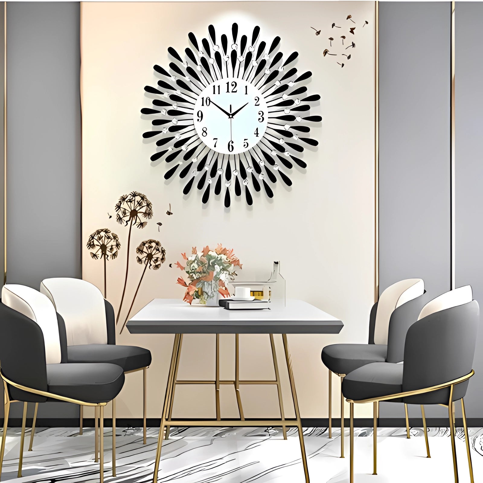 Oversized modern decorative wall clock in a sunburst gold design, set against a white wall with black accents, featuring a sleek black face and gold hands, adding a statement to a contemporary interior space.