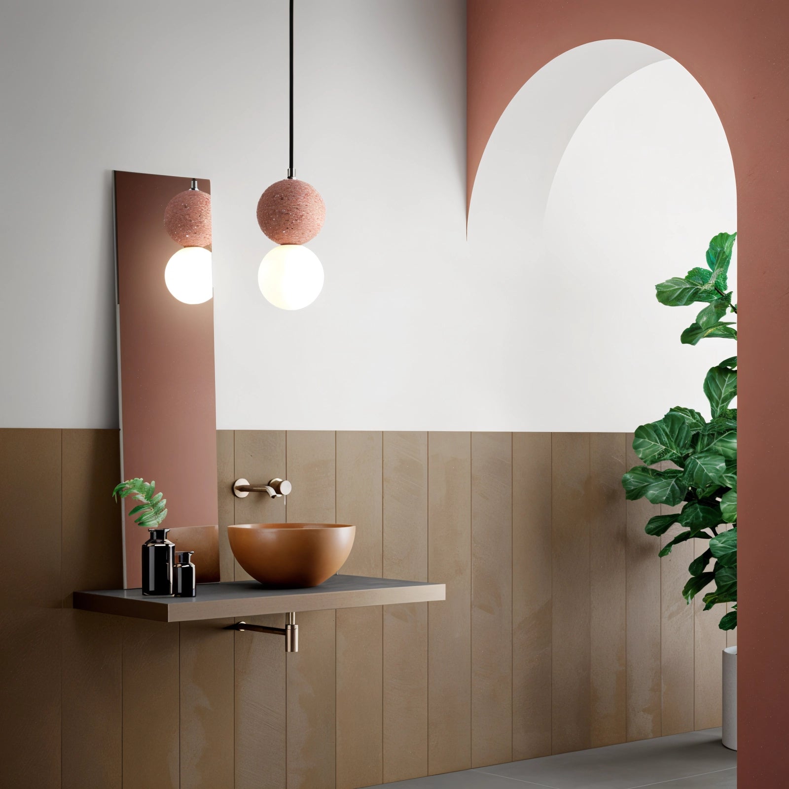 Spherical pendant light made from terrazzo concrete, featuring a minimalist design, hanging in a modern interior setting.