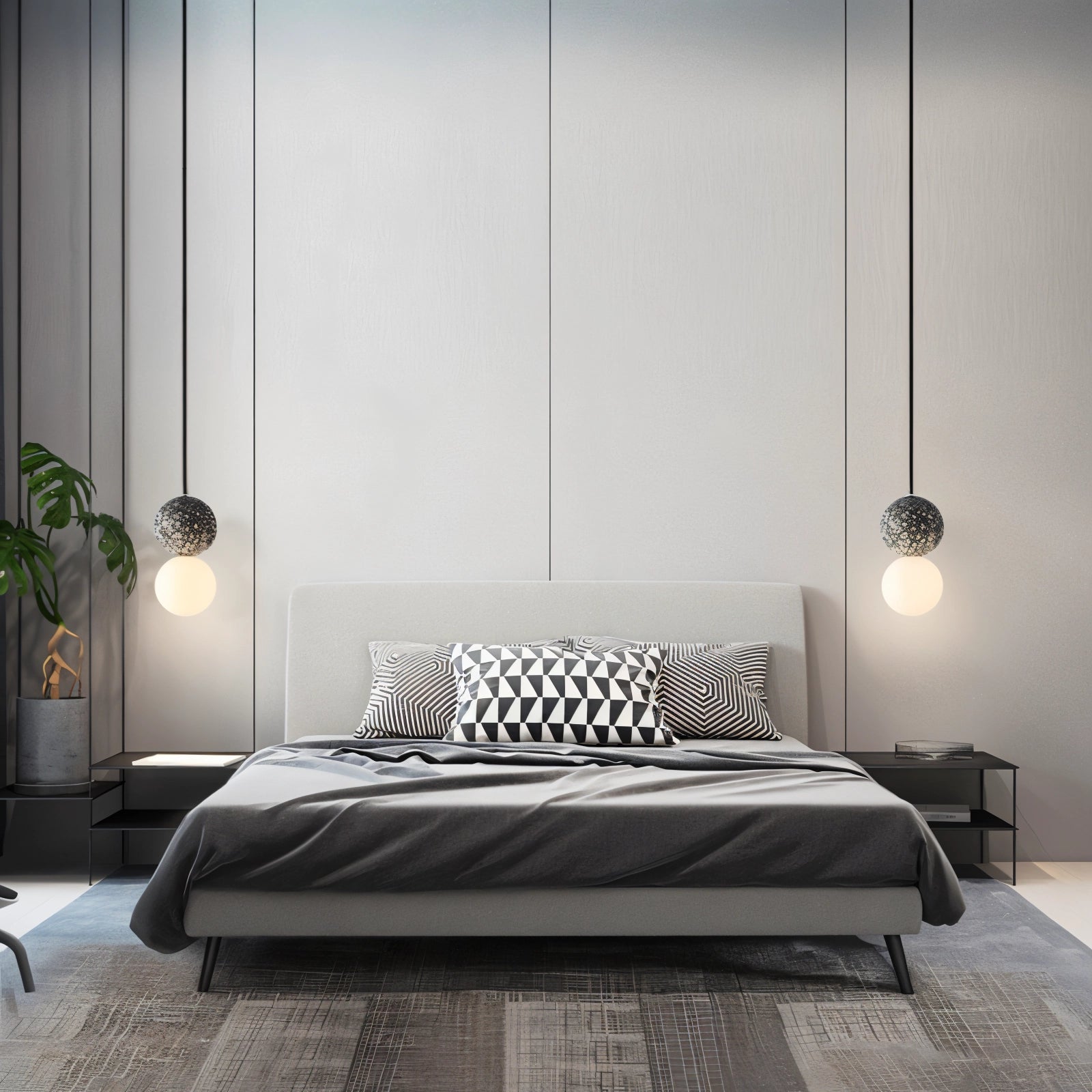 Minimalist concrete spherical pendant light with terrazzo finish, suspended in an interior space featuring wooden and textile elements, creating a comfortable and stylish atmosphere with a focus on modern design.