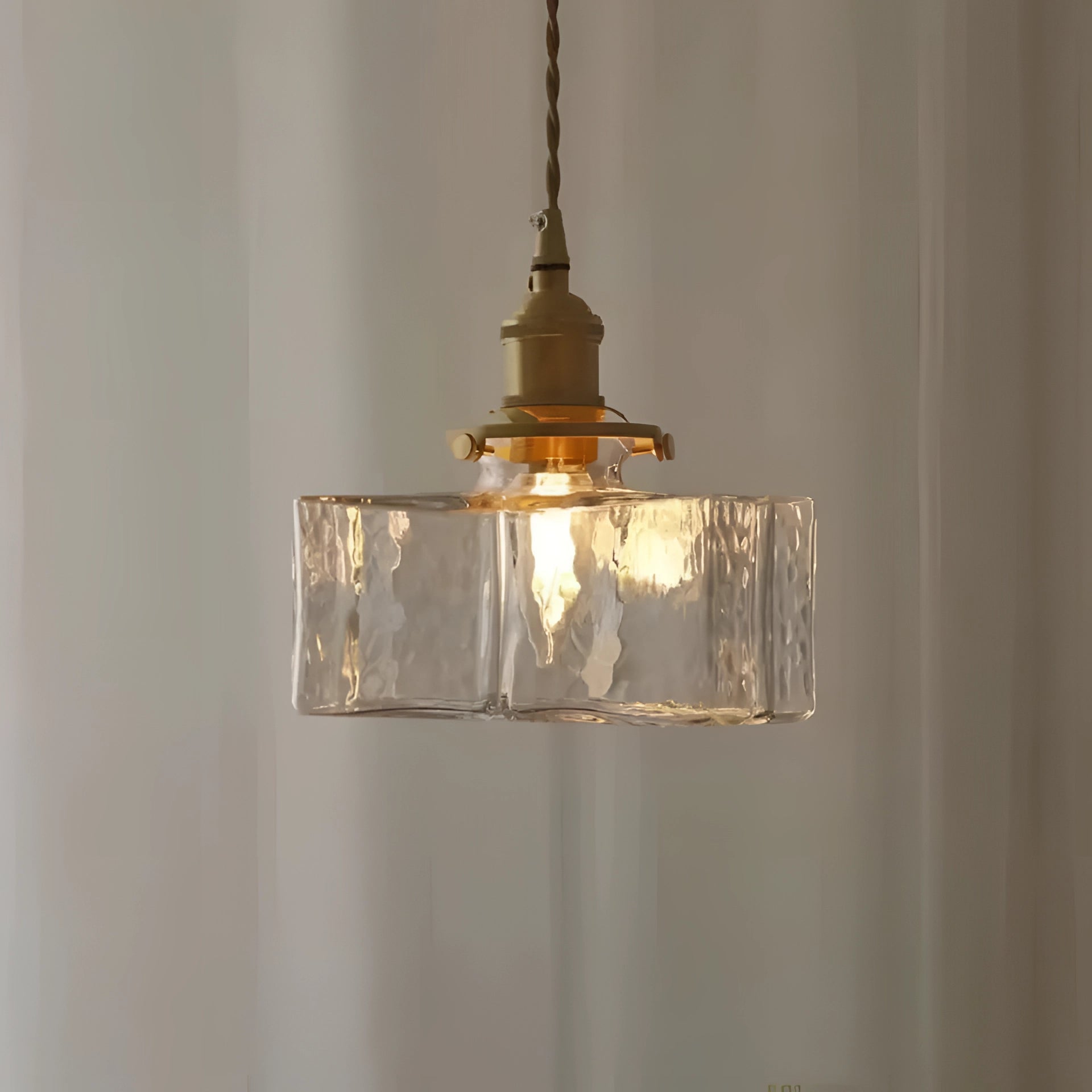 Textured Glass Pendant Light - Antique Brass Cube Lamp for Kitchen
