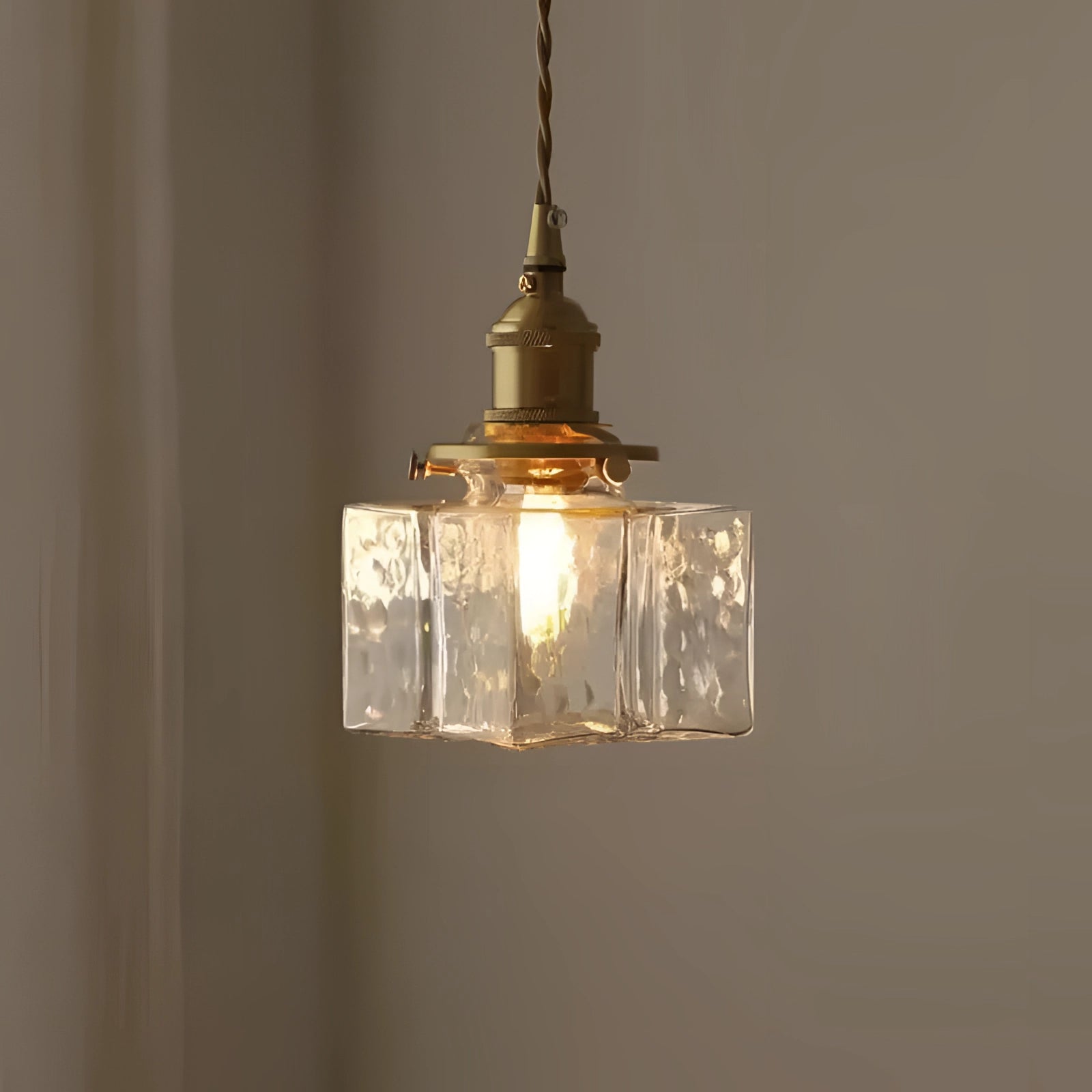 Textured Glass Pendant Light - Antique Brass Cube Lamp for Kitchen