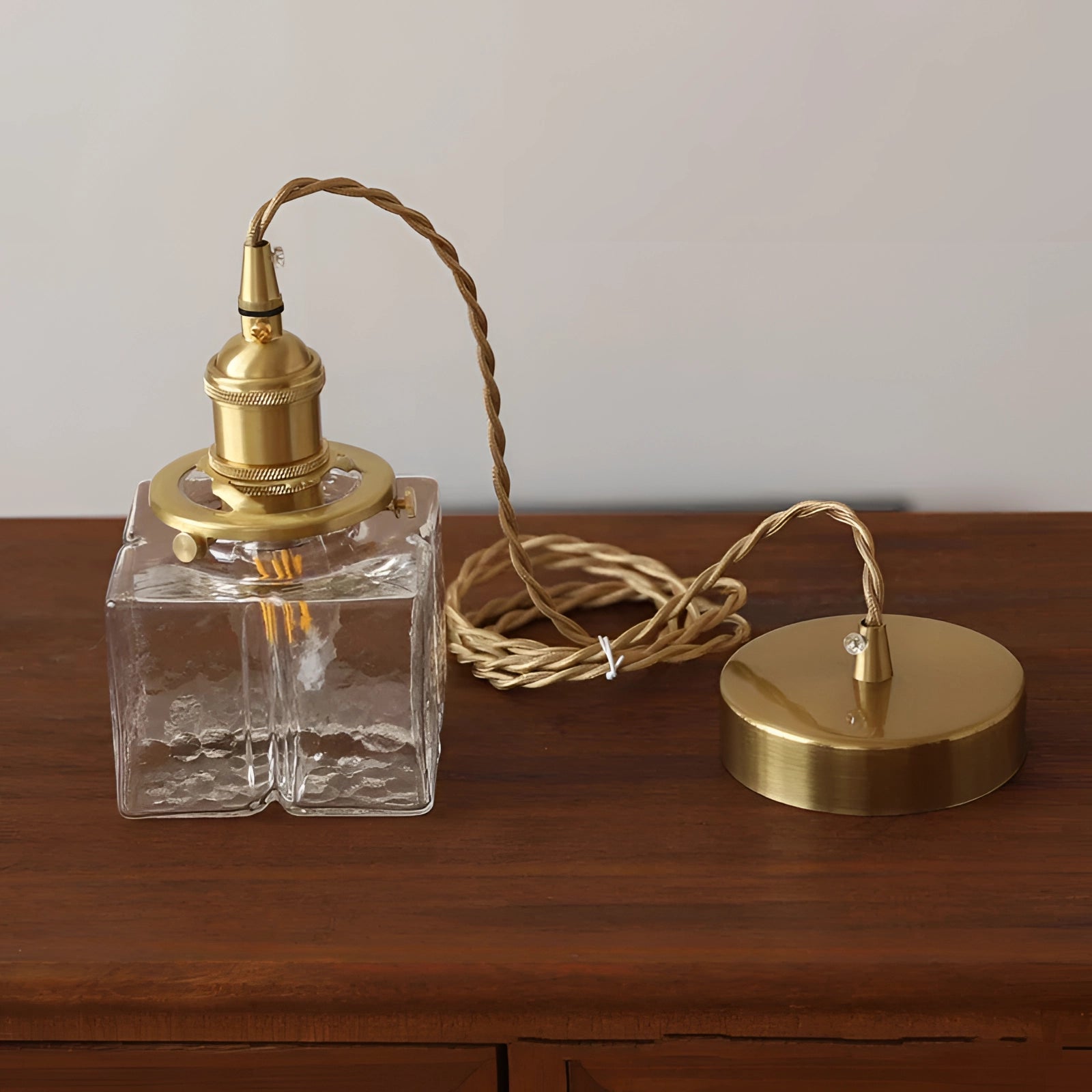 Textured Glass Pendant Light - Antique Brass Cube Lamp for Kitchen