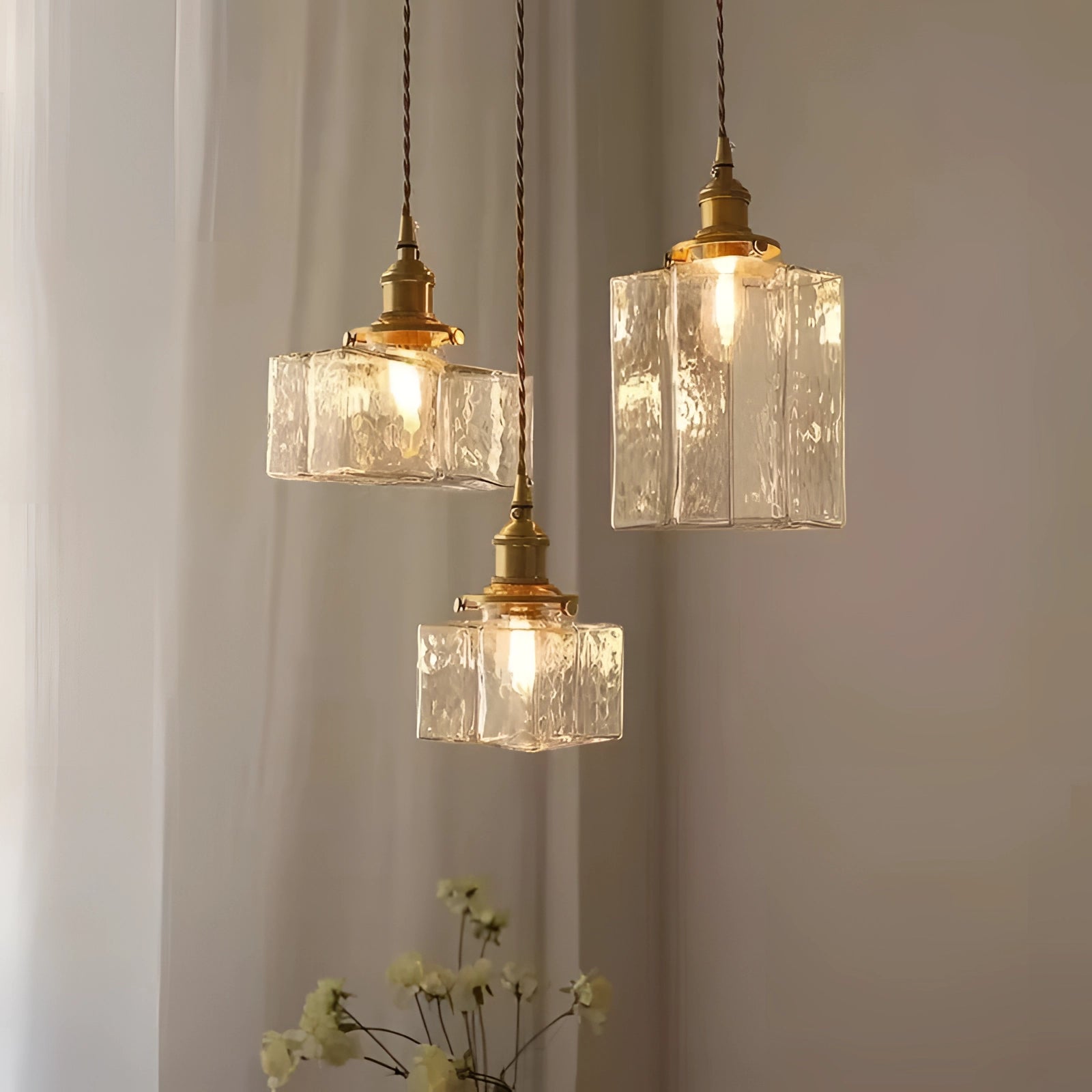 Textured Glass Pendant Light - Antique Brass Cube Lamp for Kitchen