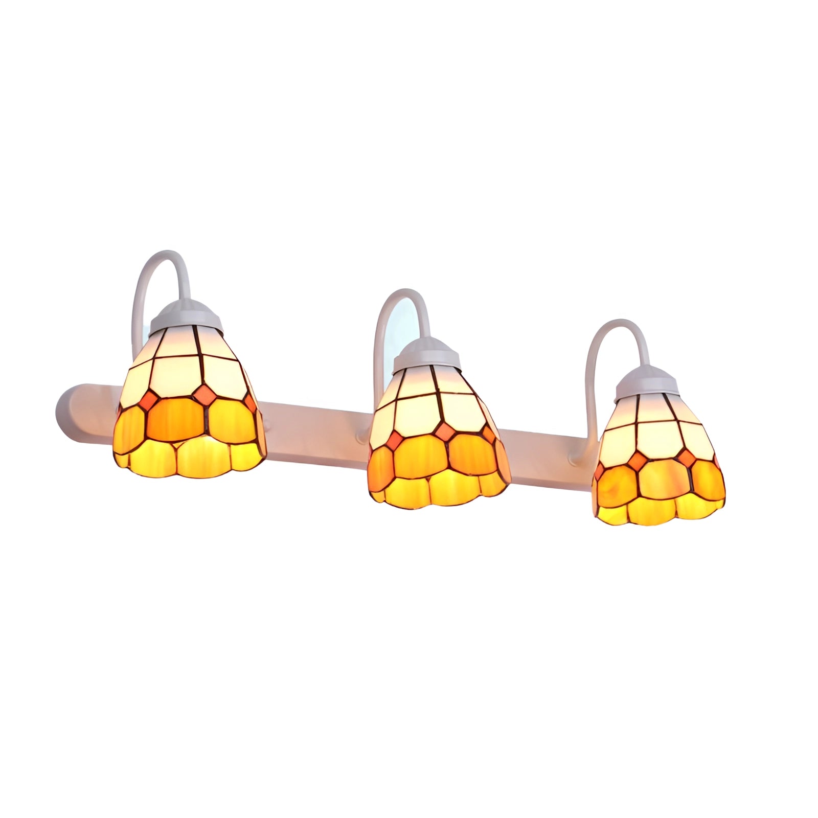 Tiffany stained glass floral wall sconce featuring a dual lamp fixture with a white, malt grass, and three-light design.