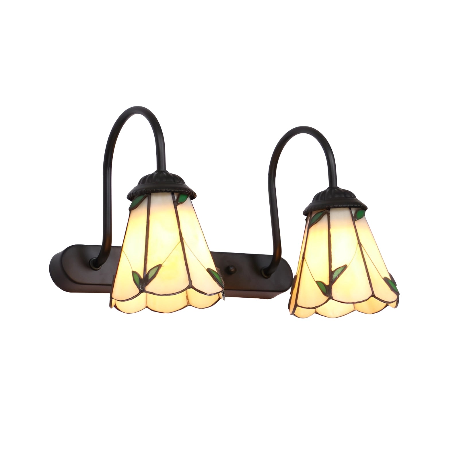 Tiffany stained glass floral wall sconce with a dual lamp fixture in a black finish, featuring leaf patterns and a two-light design.