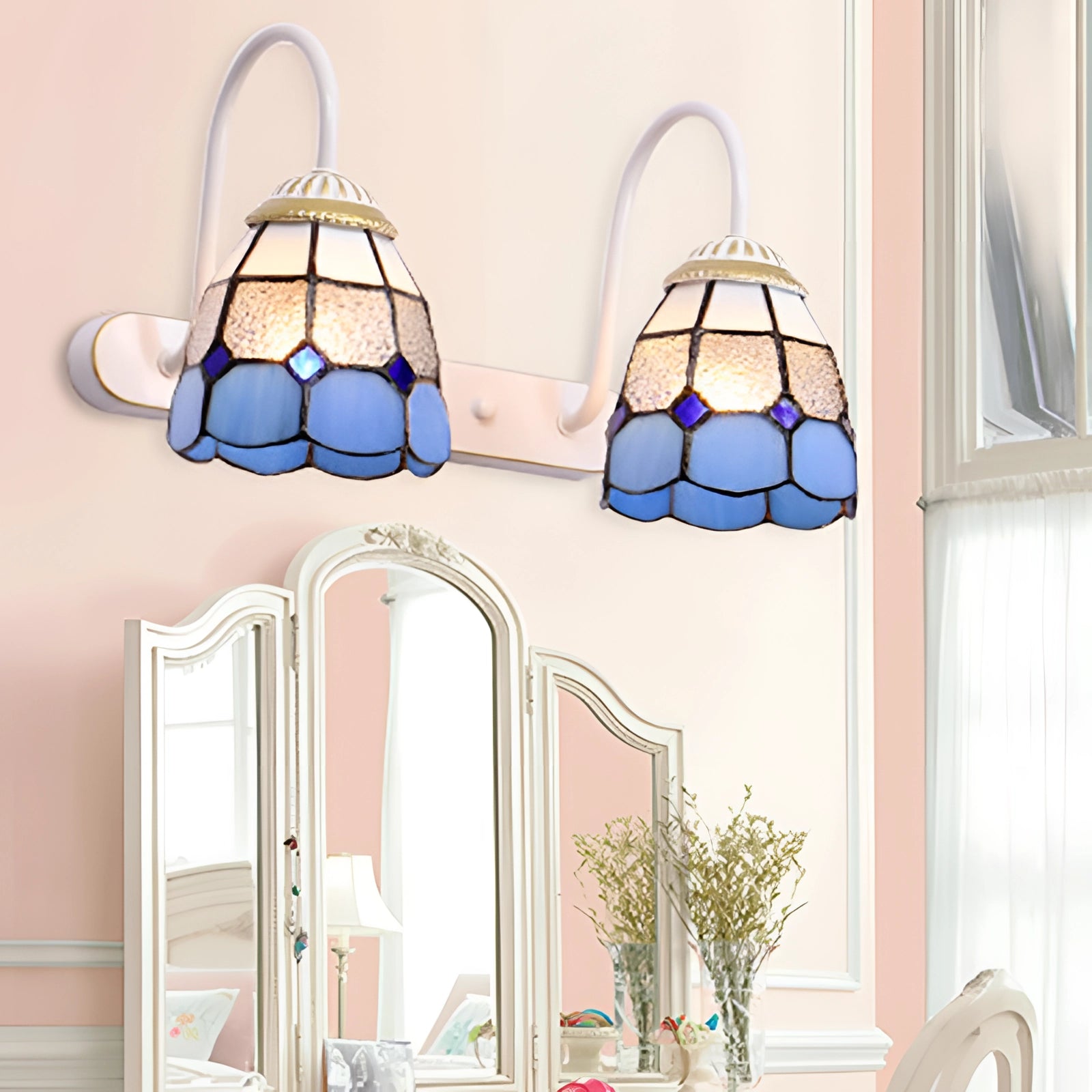 Tiffany stained glass floral wall sconce featuring a dual lamp fixture with a white trellis pattern, designed with vibrant colors including azure, yellow, and aqua, perfect for enhancing interior design.