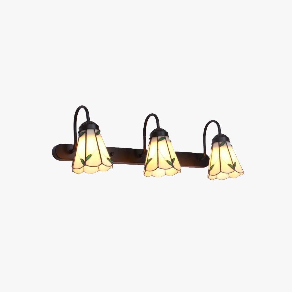 Tiffany stained glass floral wall sconce with dual lamp fixture featuring a vibrant floral design in a variety of colors, accentuating any room with its artistic stained glass and elegant craftsmanship.
