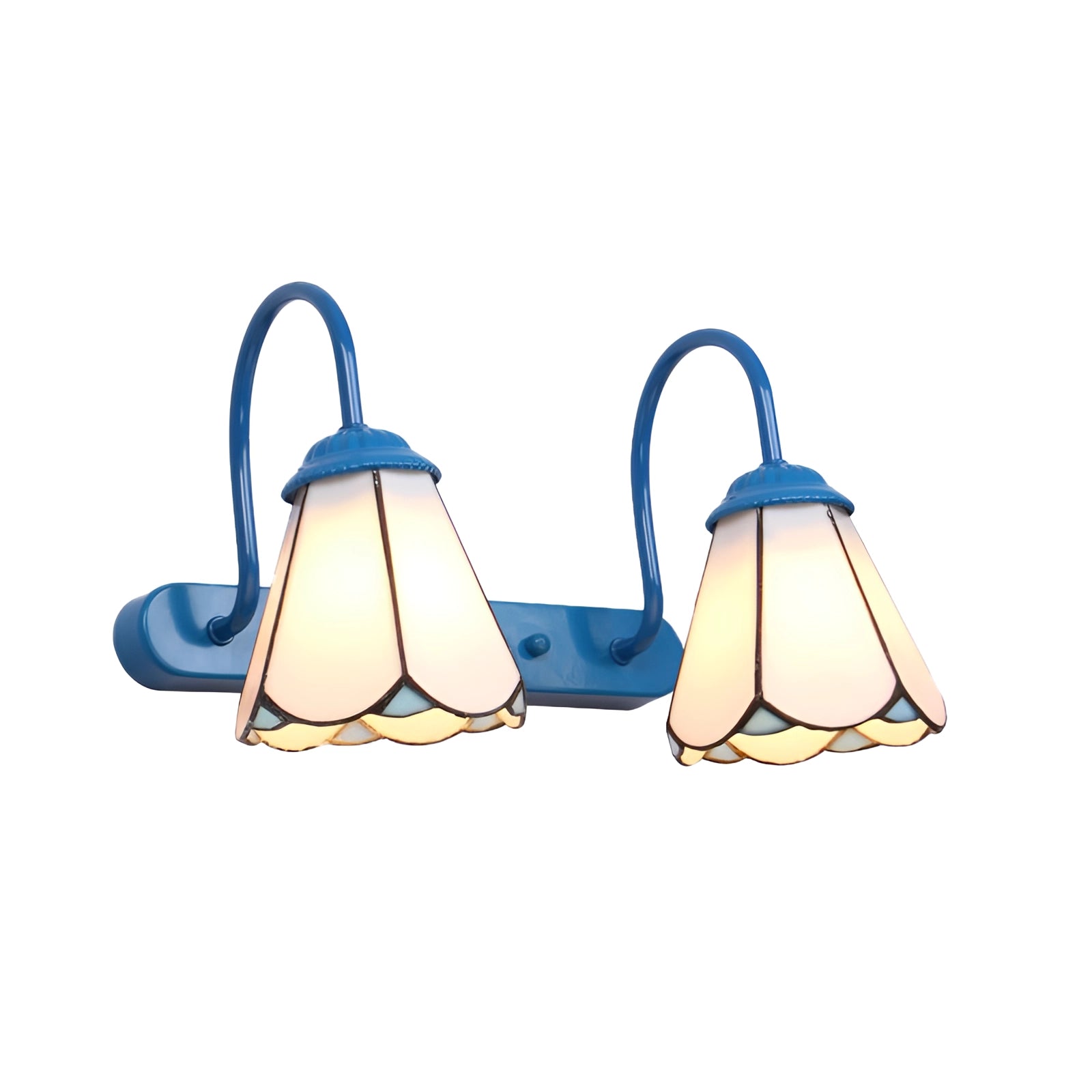 Tiffany stained glass floral wall sconce in electric blue with a scalloped edge, featuring a dual lamp fixture with a symmetrical floral design.