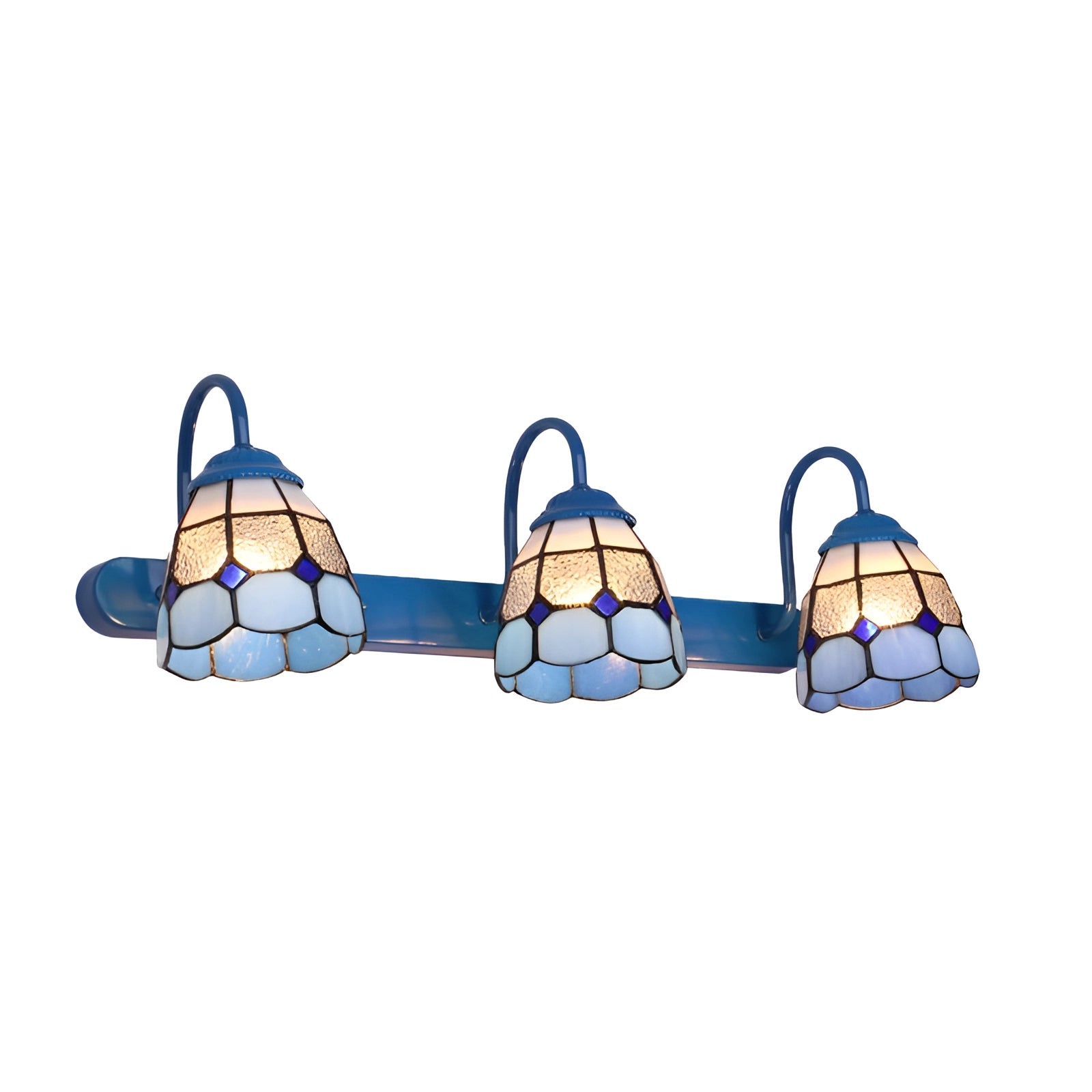 Tiffany stained glass floral wall sconce featuring a dual lamp fixture with intricate blue and trellis patterns, showcasing a vibrant design illuminated by three lights.