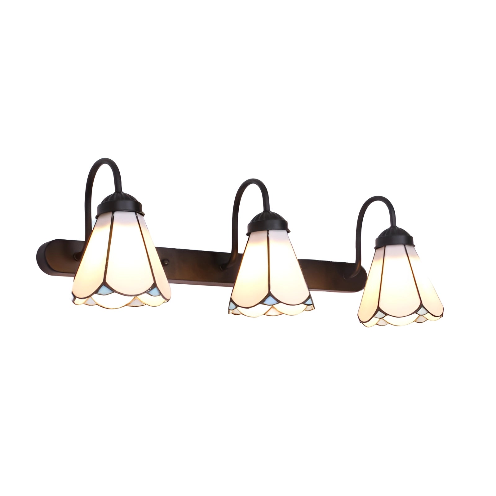 Tiffany Stained Glass Floral Wall Sconce with Dual Lamp Fixture featuring black scalloped edges and three-light design, showcasing intricate floral patterns in vibrant colors.