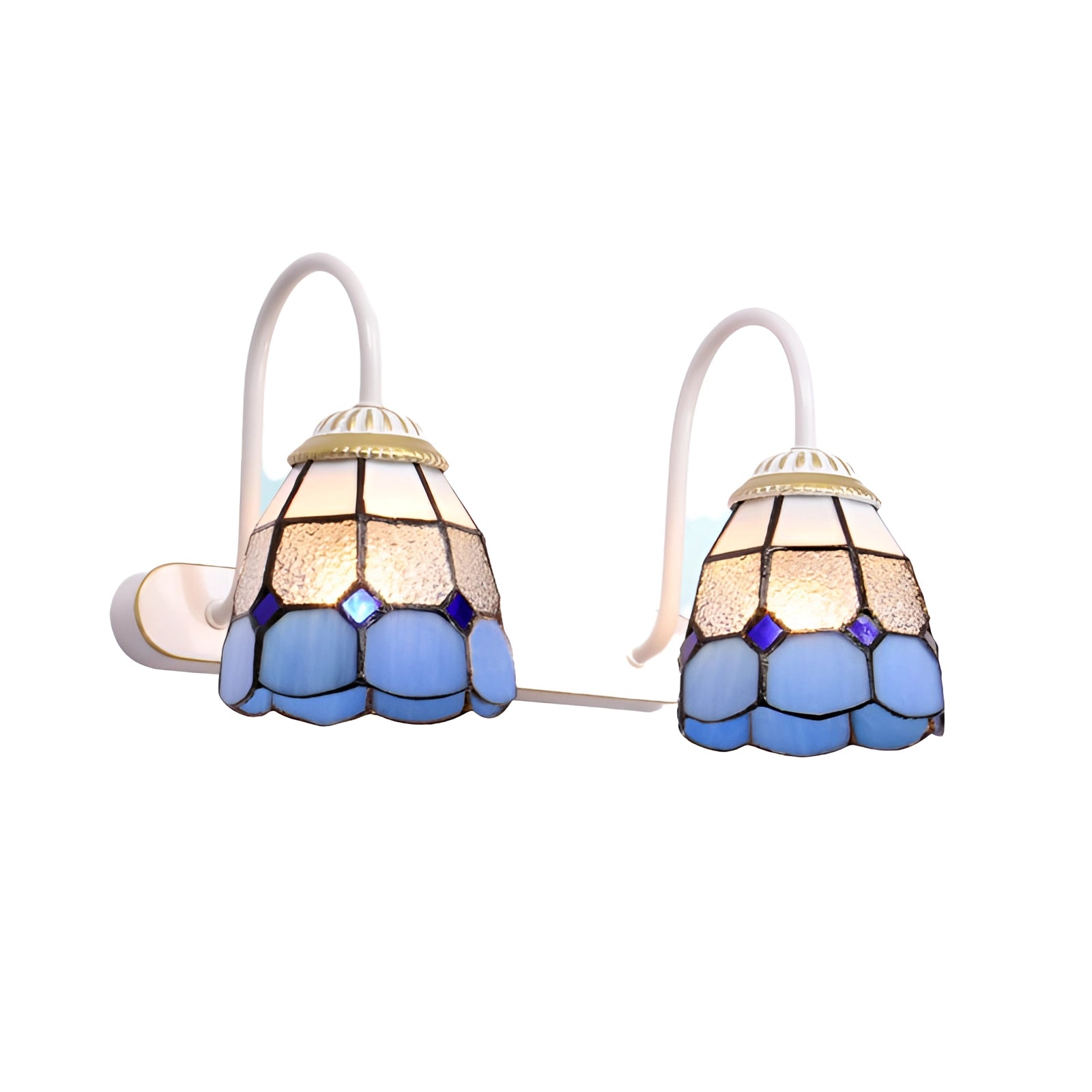 Tiffany stained glass floral wall sconce with dual lamp fixture featuring intricate art and vibrant patterns in shades of electric blue and other colors.