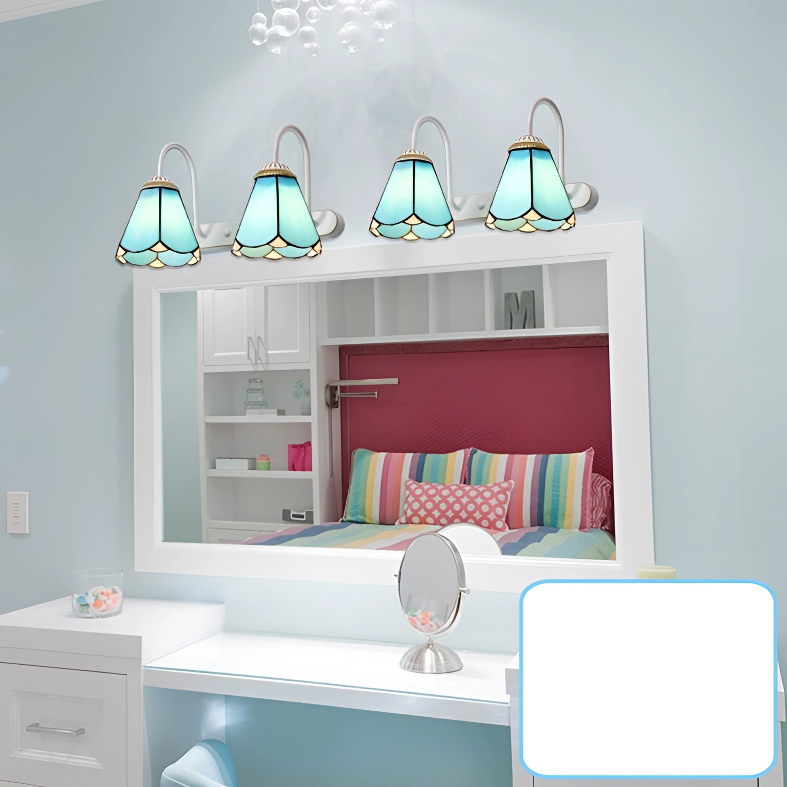 Tiffany stained glass floral wall sconce featuring a dual lamp fixture with a colorful floral design and elegant craftsmanship, set against a neutral interior backdrop with cabinetry and shelving.