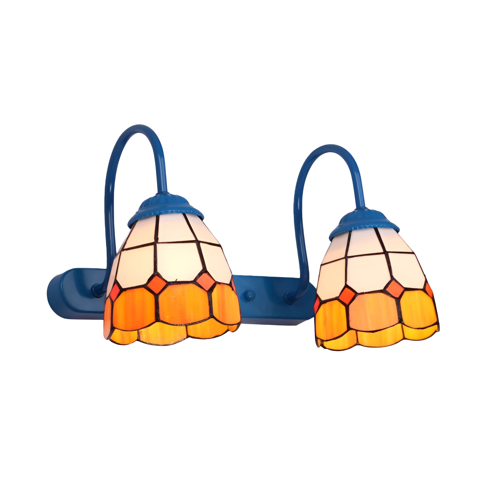 Tiffany stained glass floral wall sconce with dual lamp fixture featuring blue and malt grass hues, showcasing vibrant circular patterns with accents of orange and amber.