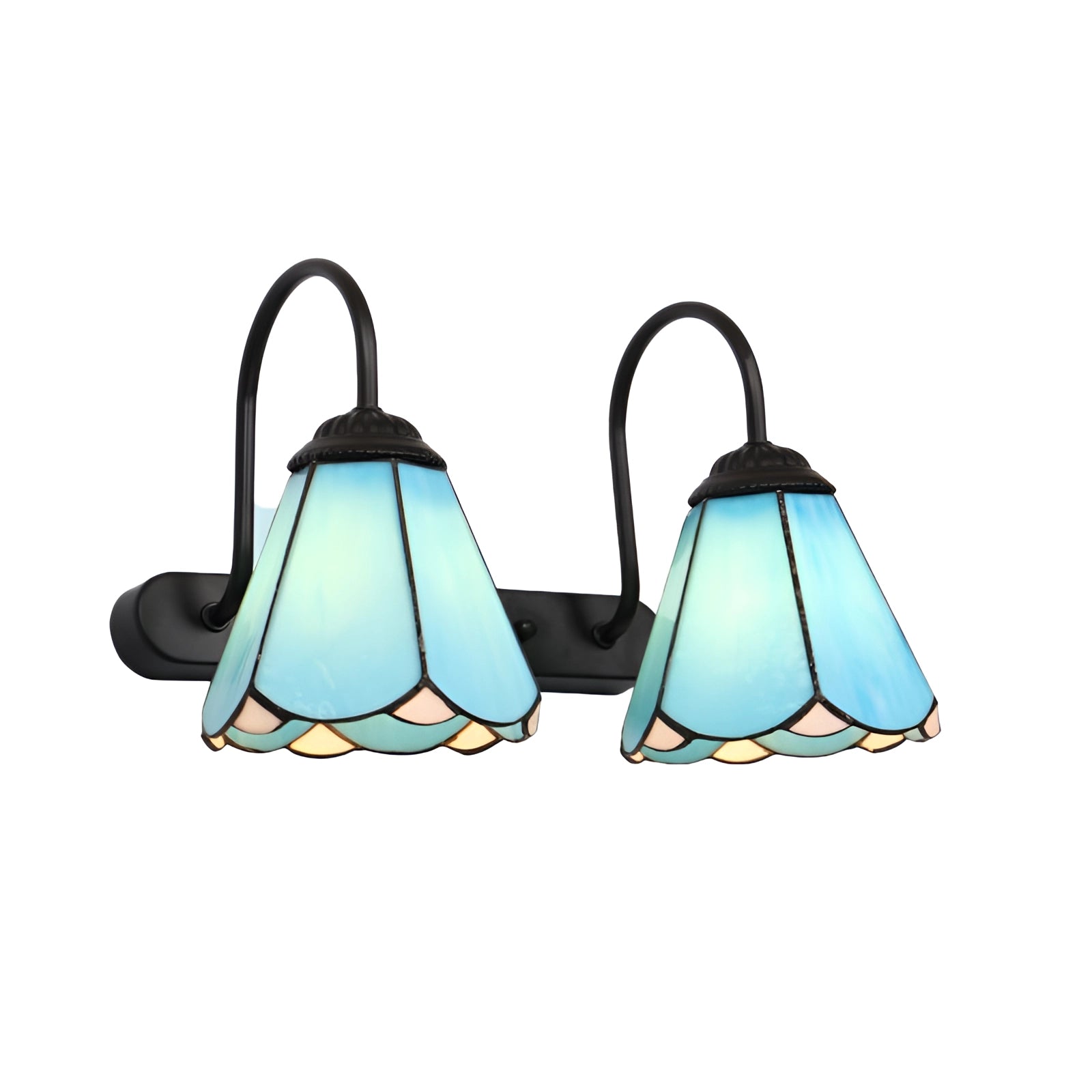 Tiffany stained glass floral wall sconce with dual lamp fixture, featuring a black and ocean color scheme. The intricate design showcases vibrant floral patterns, suitable for home interior decoration.