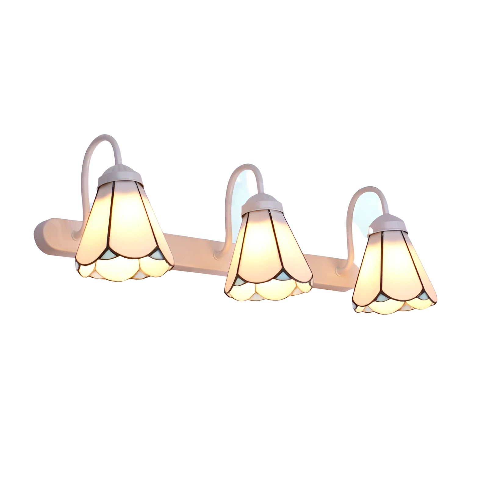 Tiffany stained glass floral wall sconce with dual lamp fixture, featuring a scalloped edge design in white with three lights. The sconce displays intricate floral patterns reminiscent of art, set against a beige background, perfect for enhancing room decor with a touch of elegance.