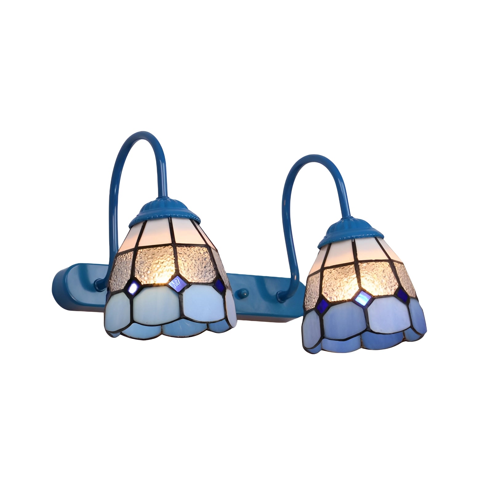 Tiffany Stained Glass Floral Wall Sconce with blue trellis pattern, featuring a dual lamp fixture design with two distinct light sources.