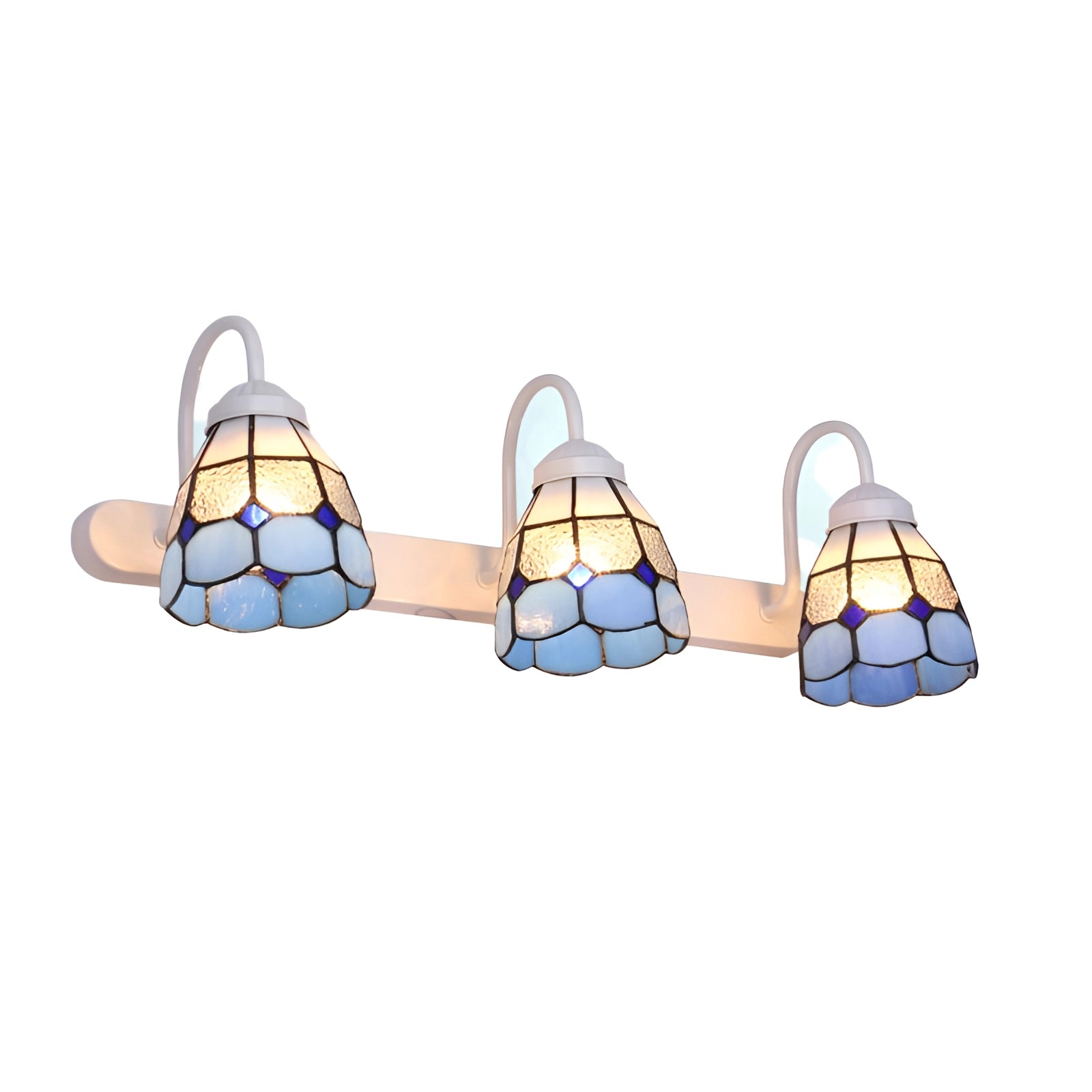 Tiffany stained glass floral wall sconce featuring a dual lamp fixture with a trellis design in white and electric blue accents, showcasing a decorative art style.