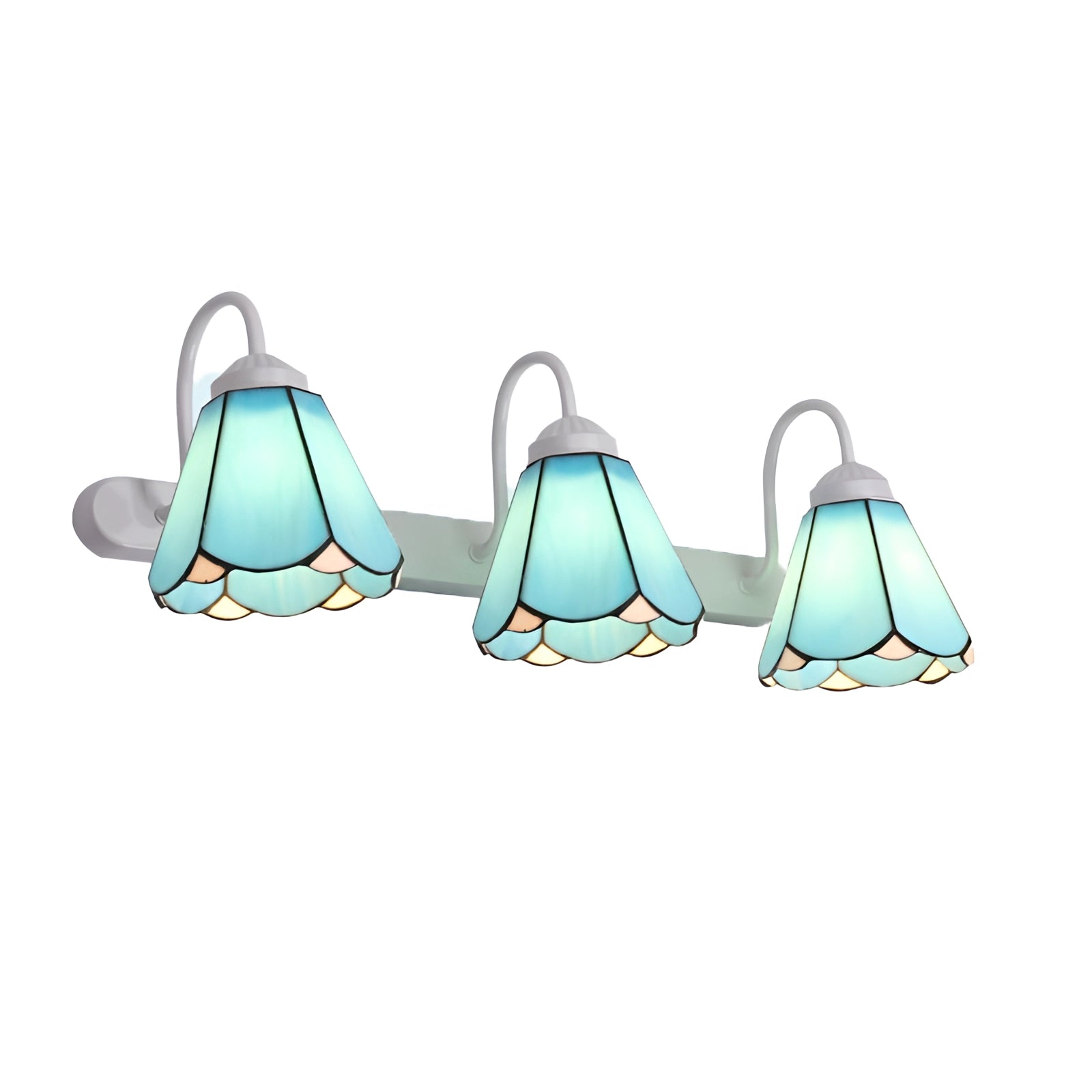 Tiffany stained glass floral wall sconce with a dual lamp fixture, featuring a white and ocean-themed design with intricate floral patterns and three lights.