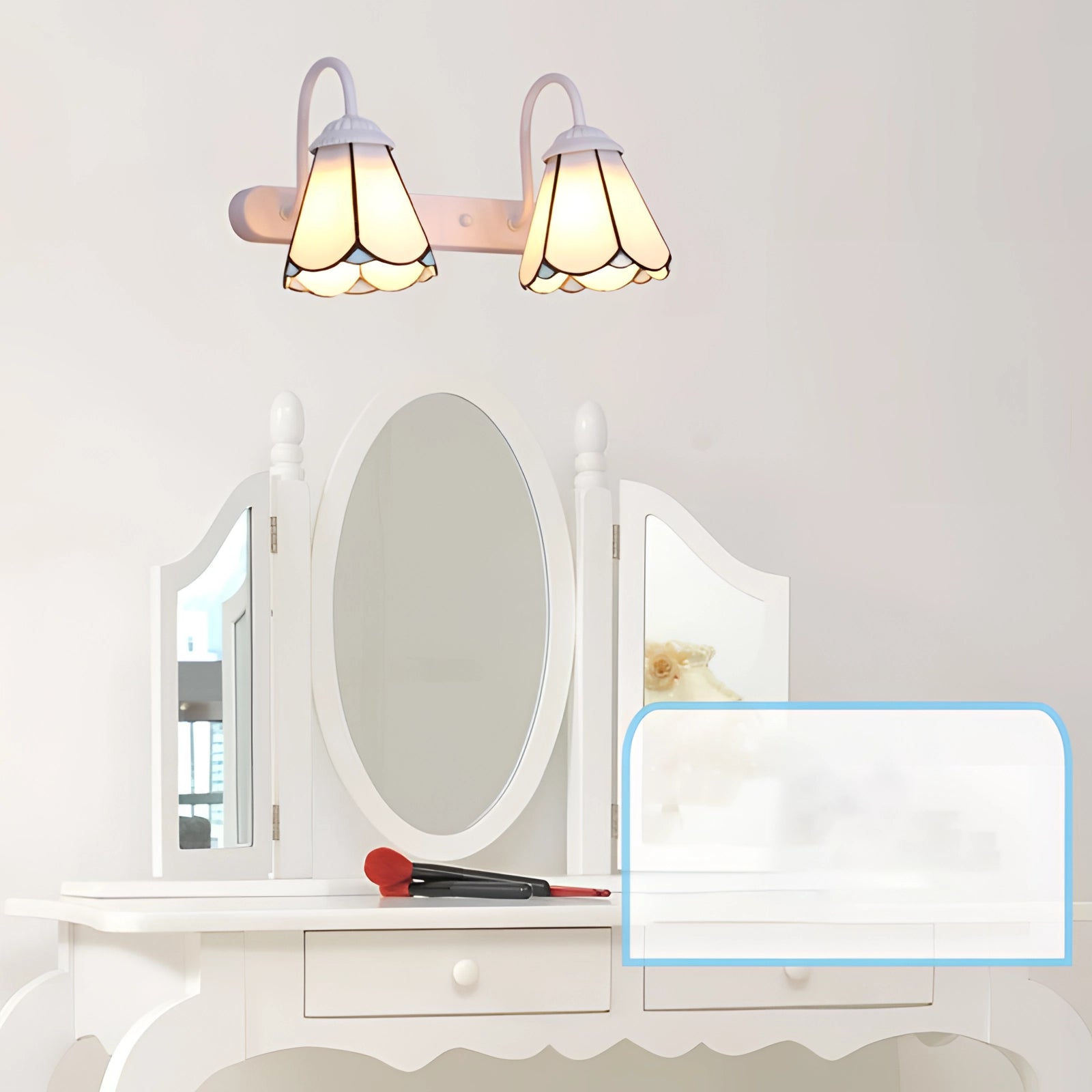 Tiffany stained glass floral wall sconce with dual lamp fixture, featuring a white scalloped design and two lights, mounted on a wall in a room setting.