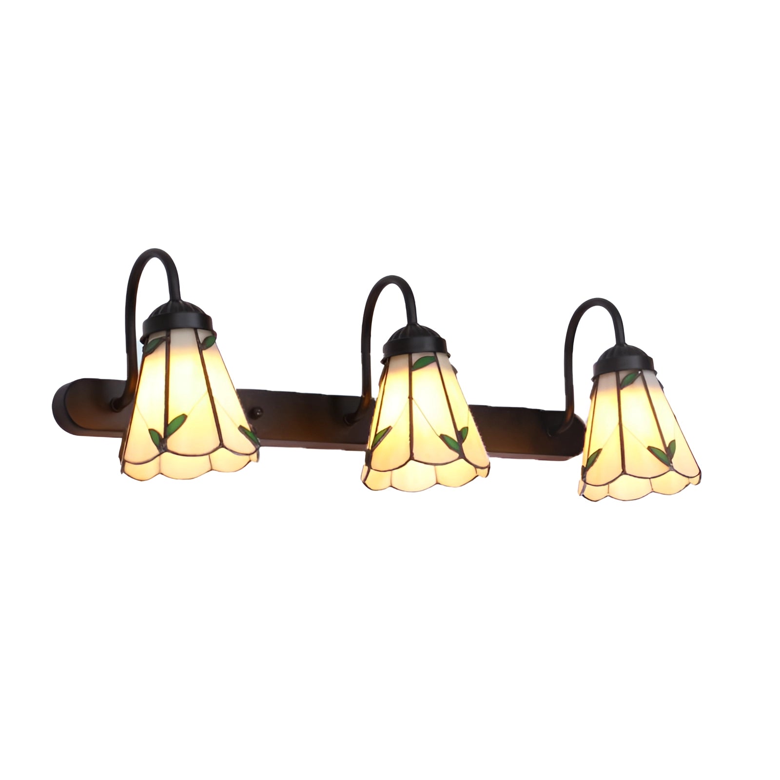 Tiffany stained glass floral wall sconce with dual lamp fixture, featuring a black finish and leaf design, showcasing intricate floral patterns in stained glass, illuminated by three lights.