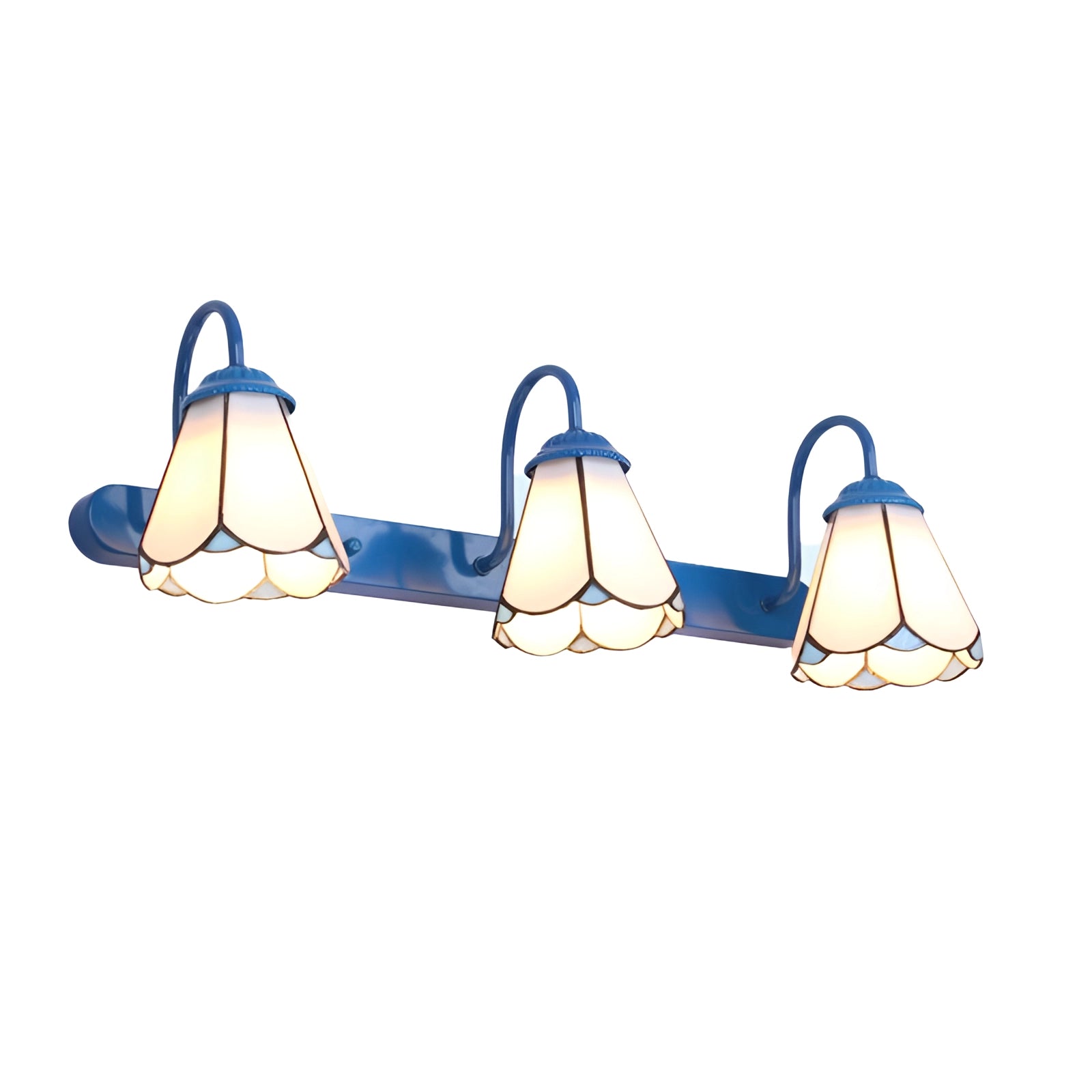 Tiffany stained glass wall sconce featuring a floral pattern with dual lamp fixture, shown in a blue color variant with a scalloped design and accommodating three lights.