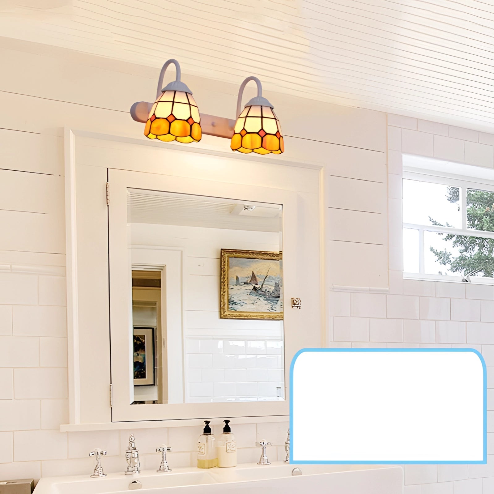 Tiffany stained glass floral wall sconce with dual lamp fixture, featuring white and malt grass stained glass design, mounted on a wooden wall in an interior setting.