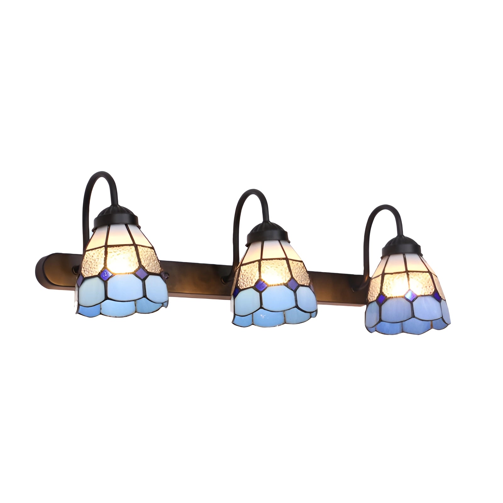 Tiffany stained glass floral wall sconce with dual lamp fixture, featuring a black trellis design and three light settings.