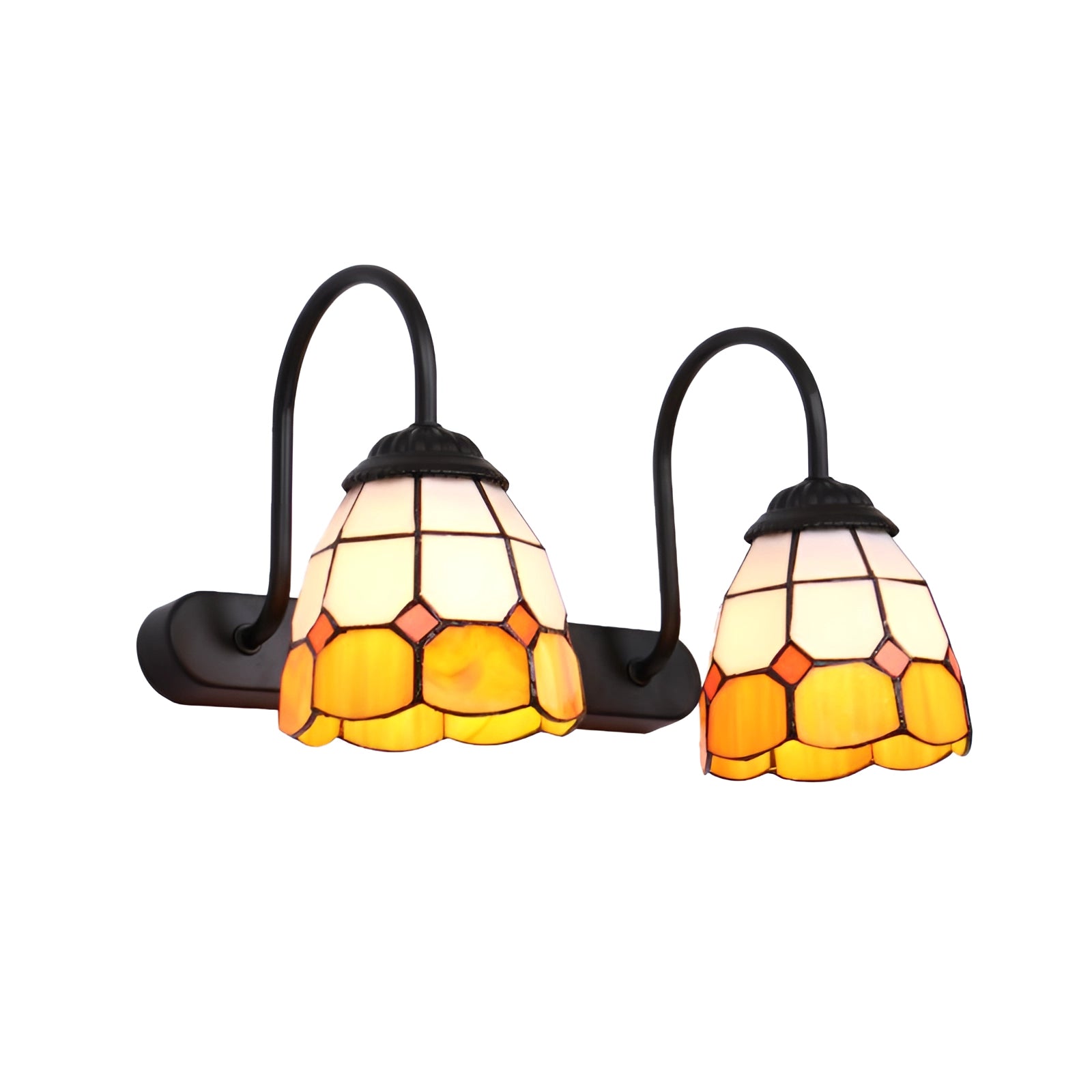 Tiffany stained glass floral wall sconce with dual lamp fixture in black and malt grass. The sconce features an intricate design with vibrant orange and amber floral patterns, creating a warm and artistic ambiance for home decor.