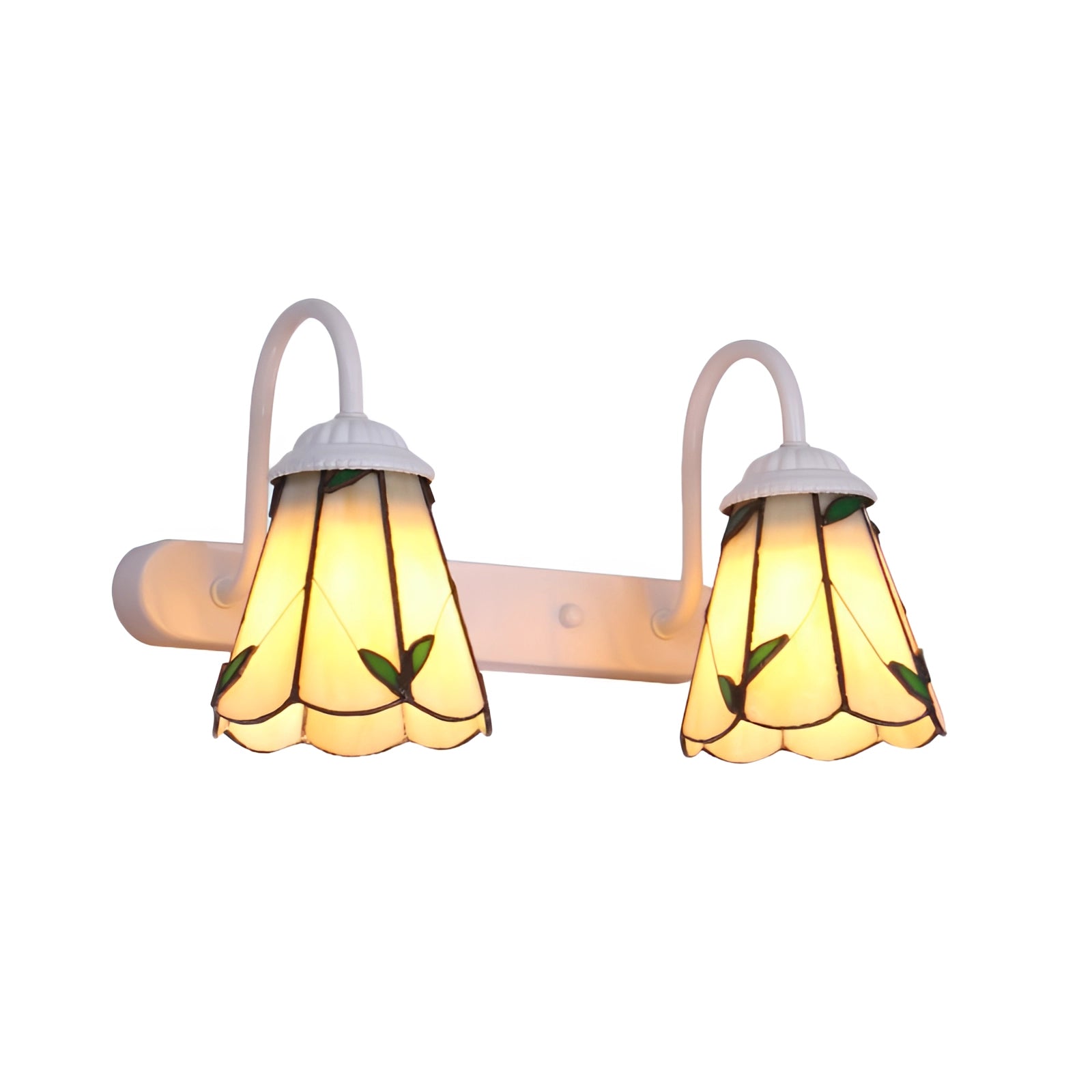 Tiffany stained glass floral wall sconce with dual lamp fixture in white and leaf design, showcasing intricate floral patterns and elegant metal accents in a rectangular shape.