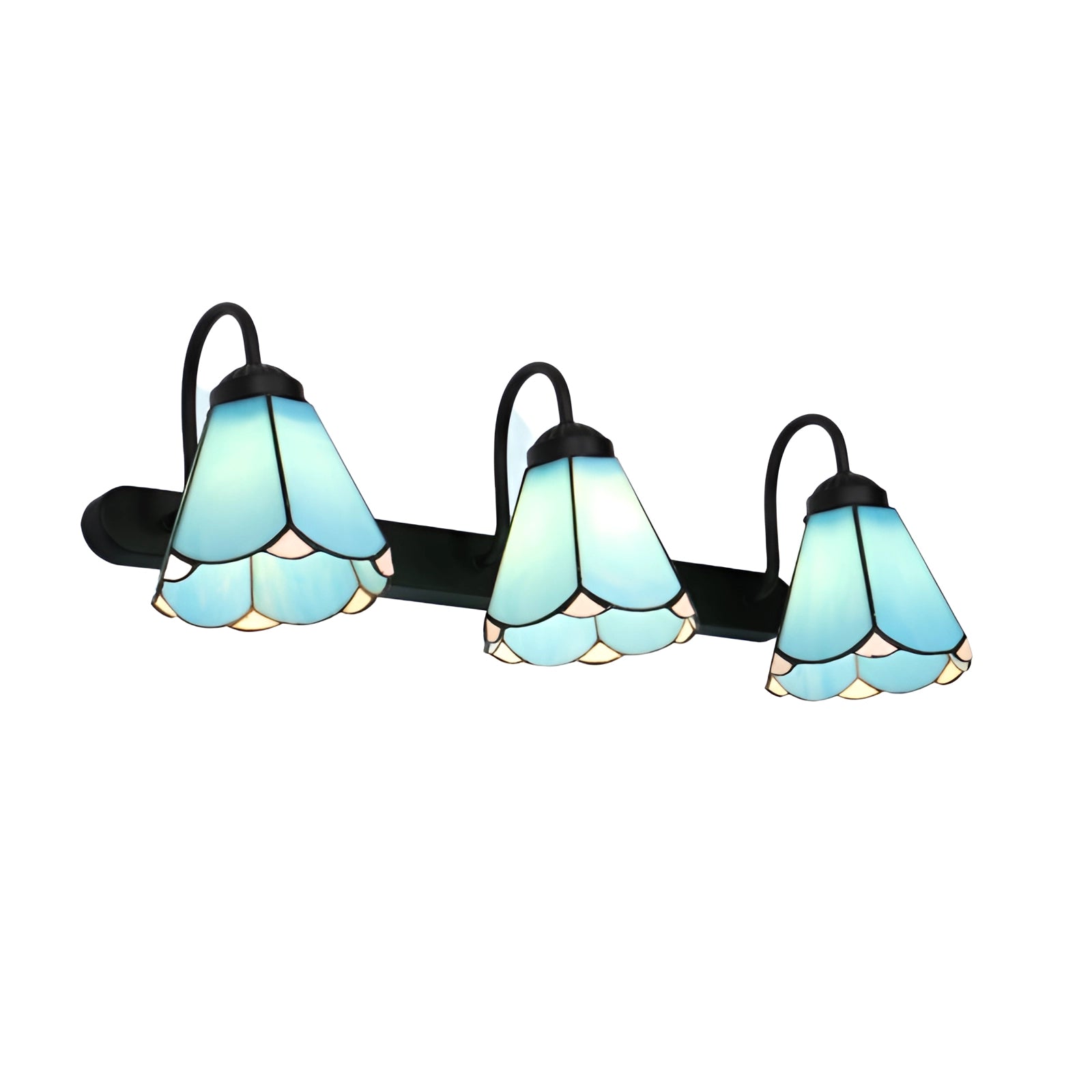 
A Tiffany stained glass floral wall sconce, featuring a dual lamp fixture with a black and ocean design, showcasing intricate art with vibrant azure and aqua tones and a floral illustration.